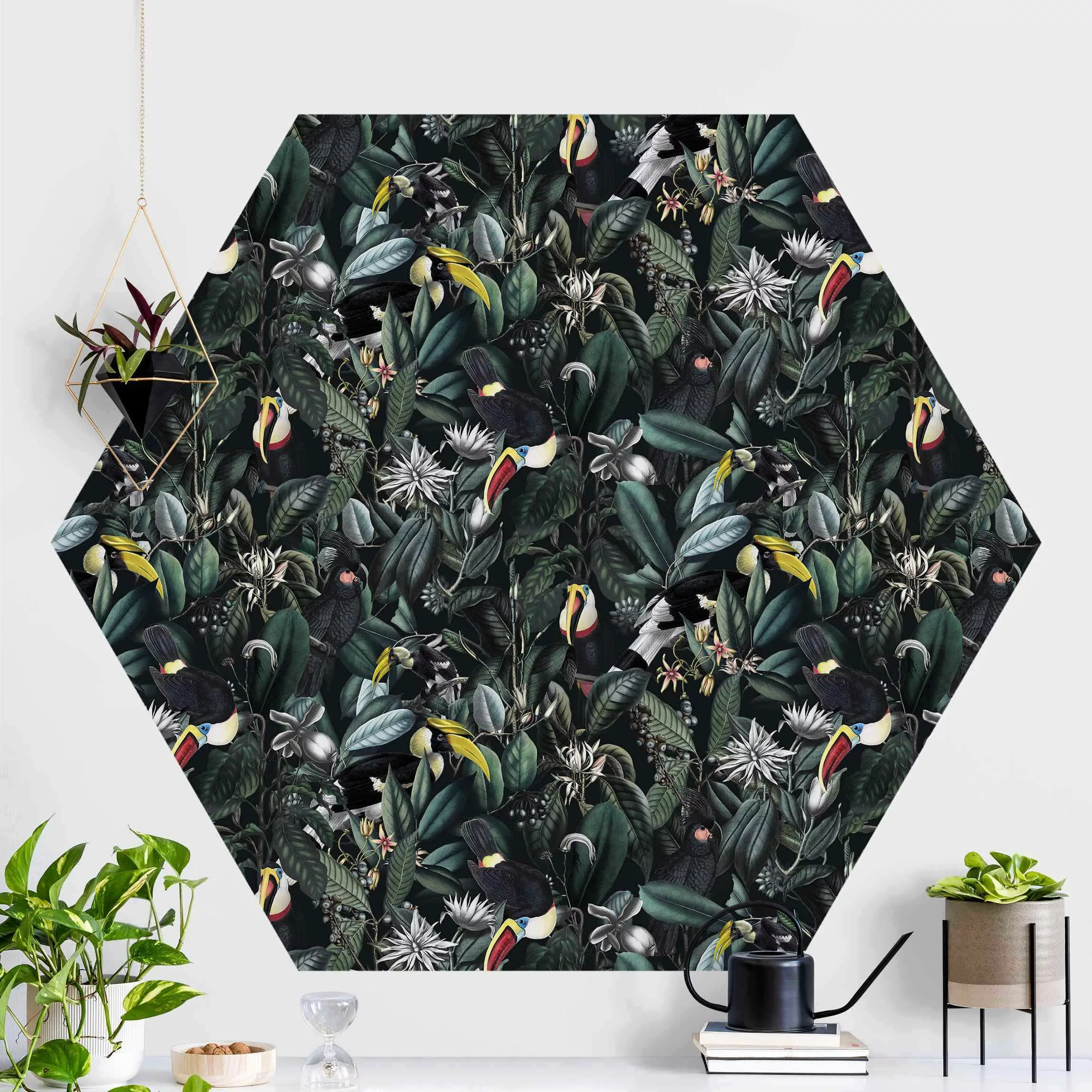 Hexagon Mustertapete selbstklebend Vögel in dunkler Botanik günstig online kaufen