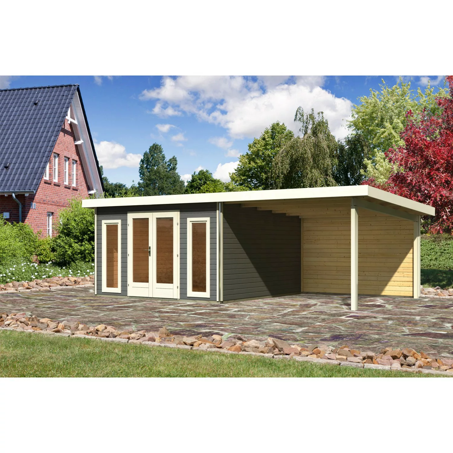 Karibu Holz-Gartenhaus Norrköping Terragrau Pultdach Lackiert 365 cm x 365 günstig online kaufen