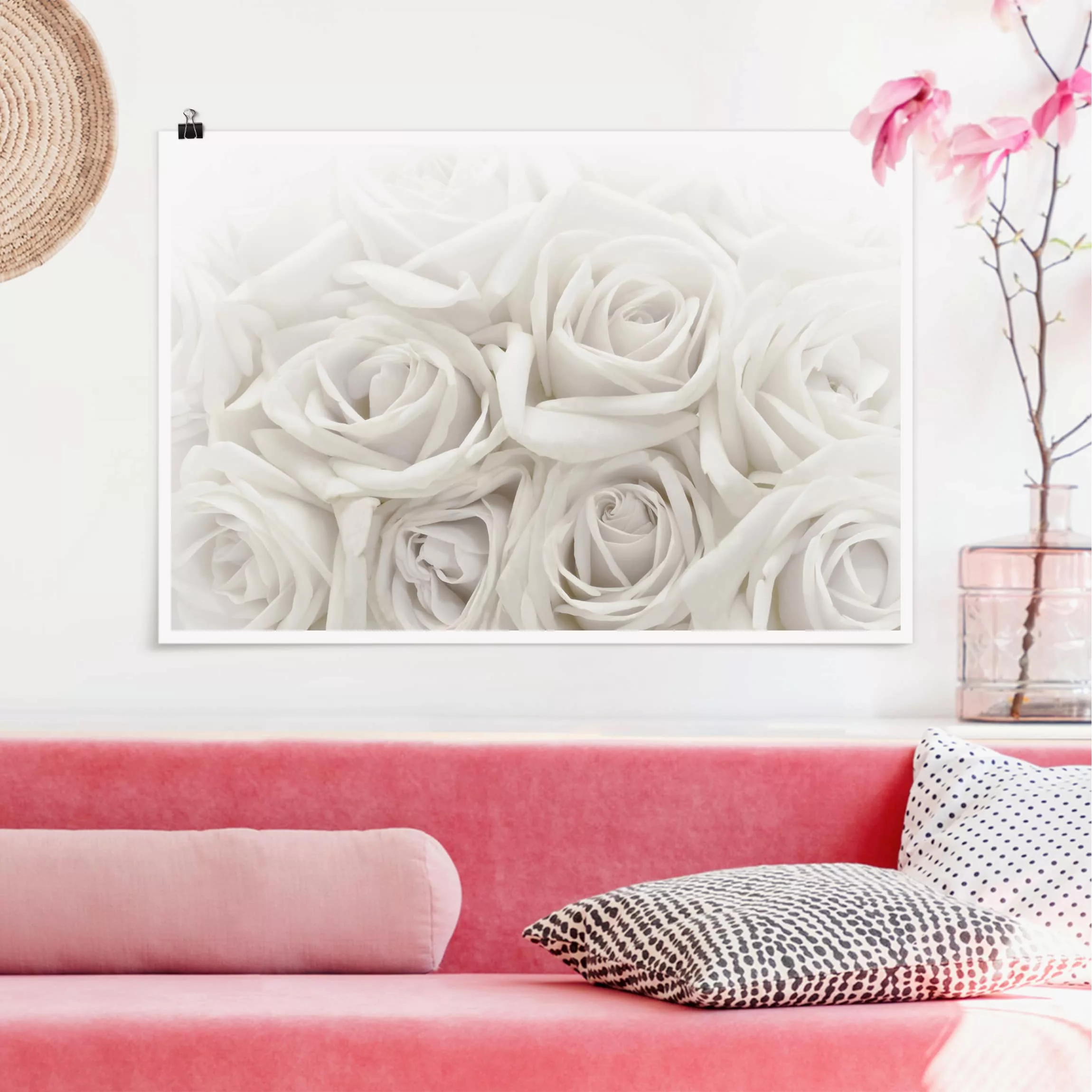 Poster Blumen - Querformat Weiße Rosen günstig online kaufen