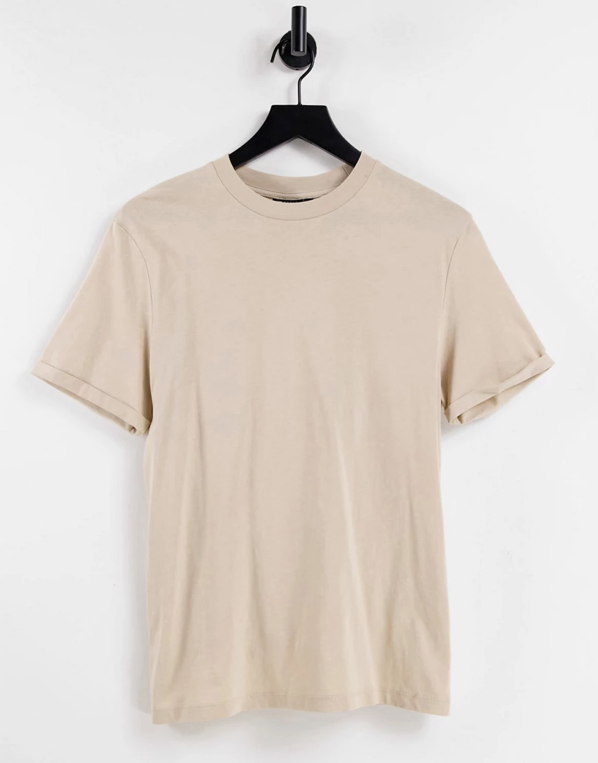 ASOS DESIGN – T-Shirt aus Bio-Material in Beige mit Rollärmeln-Neutral günstig online kaufen