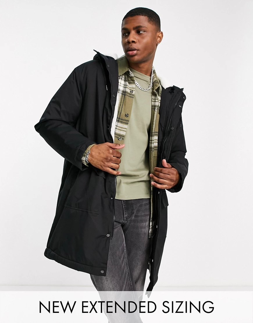 ASOS DESIGN – Langer Parka in Schwarz mit Teddyfutter günstig online kaufen