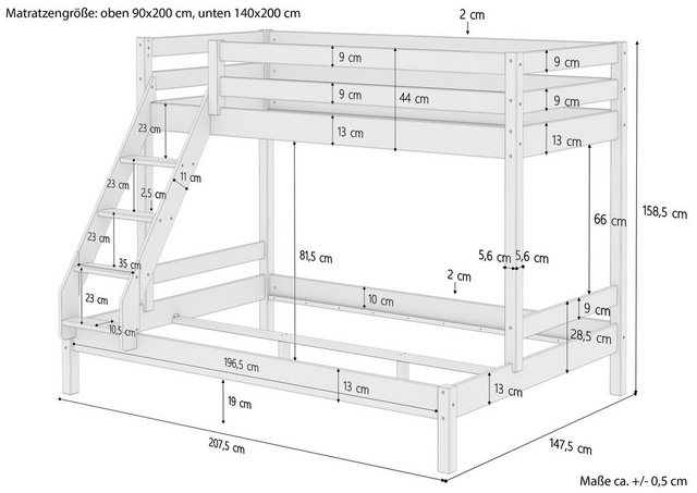 ERST-HOLZ Etagenbett Doppel-Etagenbett 90 x 200 und 140 x 200 für Erwachsen günstig online kaufen