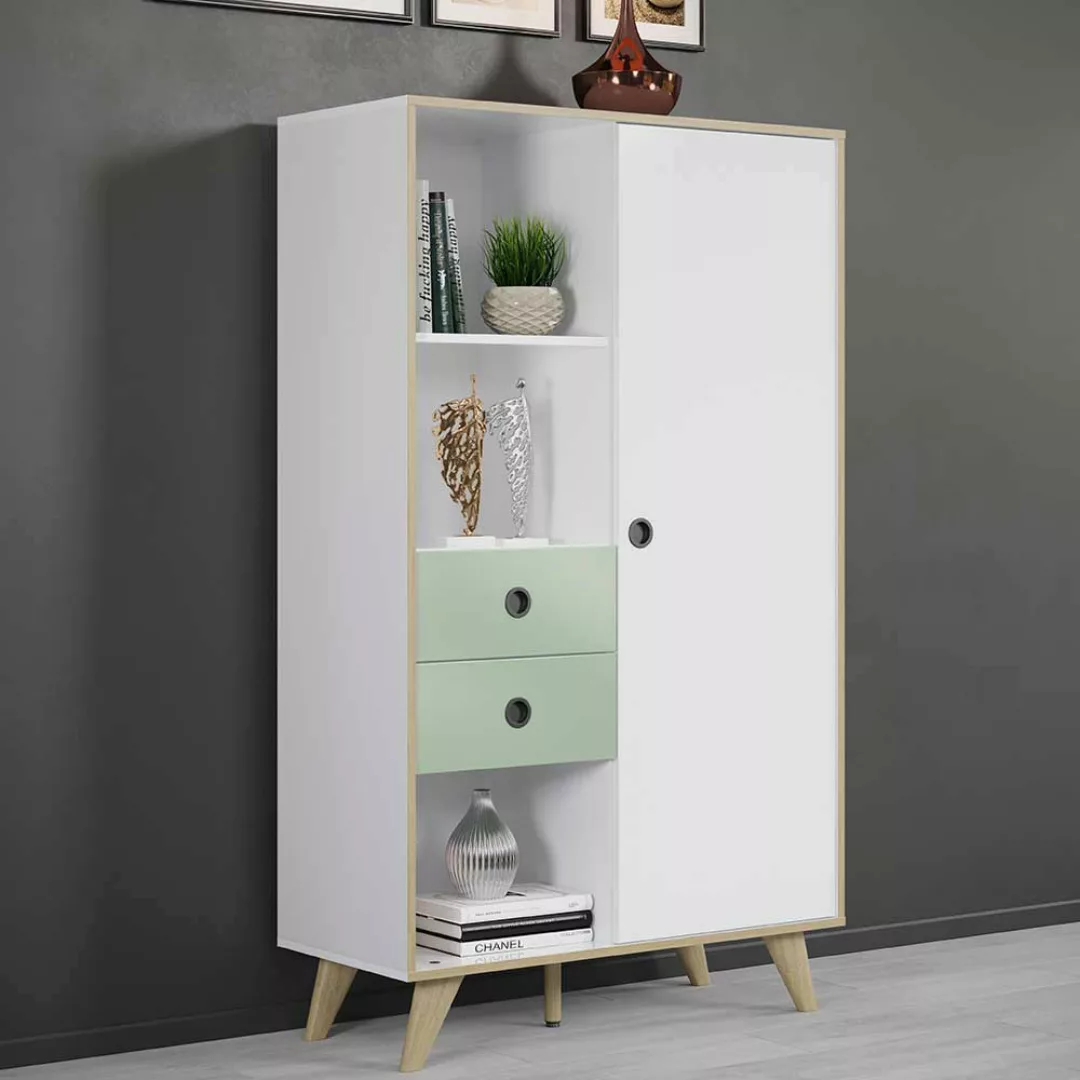 Wohnzimmerschrank Hochglanz in Weiß und Mintgrün Skandi Design günstig online kaufen