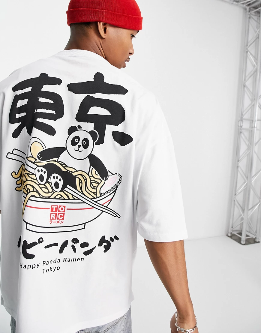 ASOS DESIGN – Schweres-T-Shirt in Weiß mit Panda-Ramen-Print günstig online kaufen