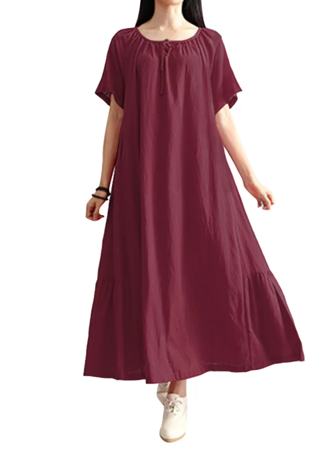Einfarbig Plissee Saum Kurzarm Plus Größe Kleid günstig online kaufen