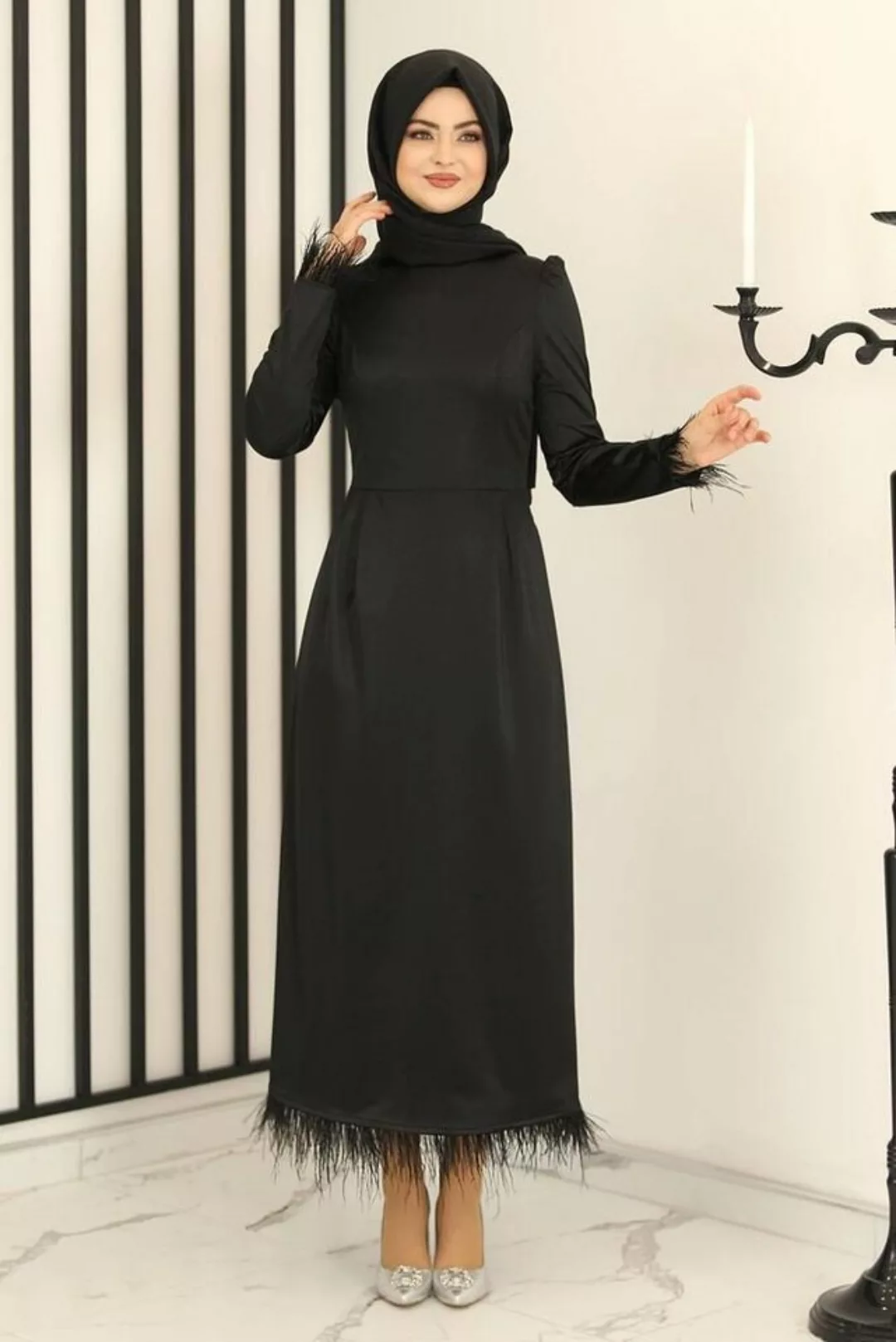 fashionshowcase Satinkleid Damen Abendkleid schlicht Abiye Abaya Modest Fas günstig online kaufen