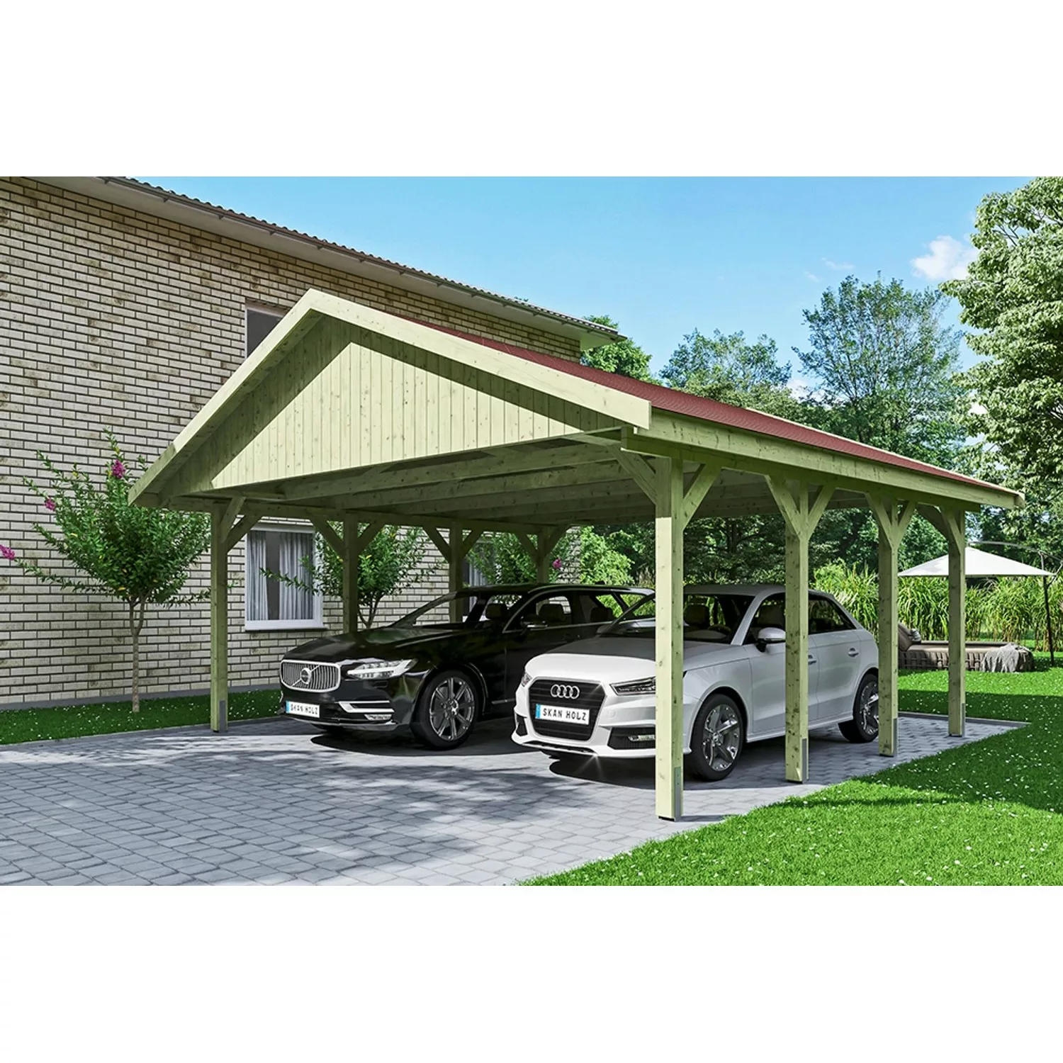 Satteldach-Carport Wallgau 620 x 600 cm rote Schindeln günstig online kaufen