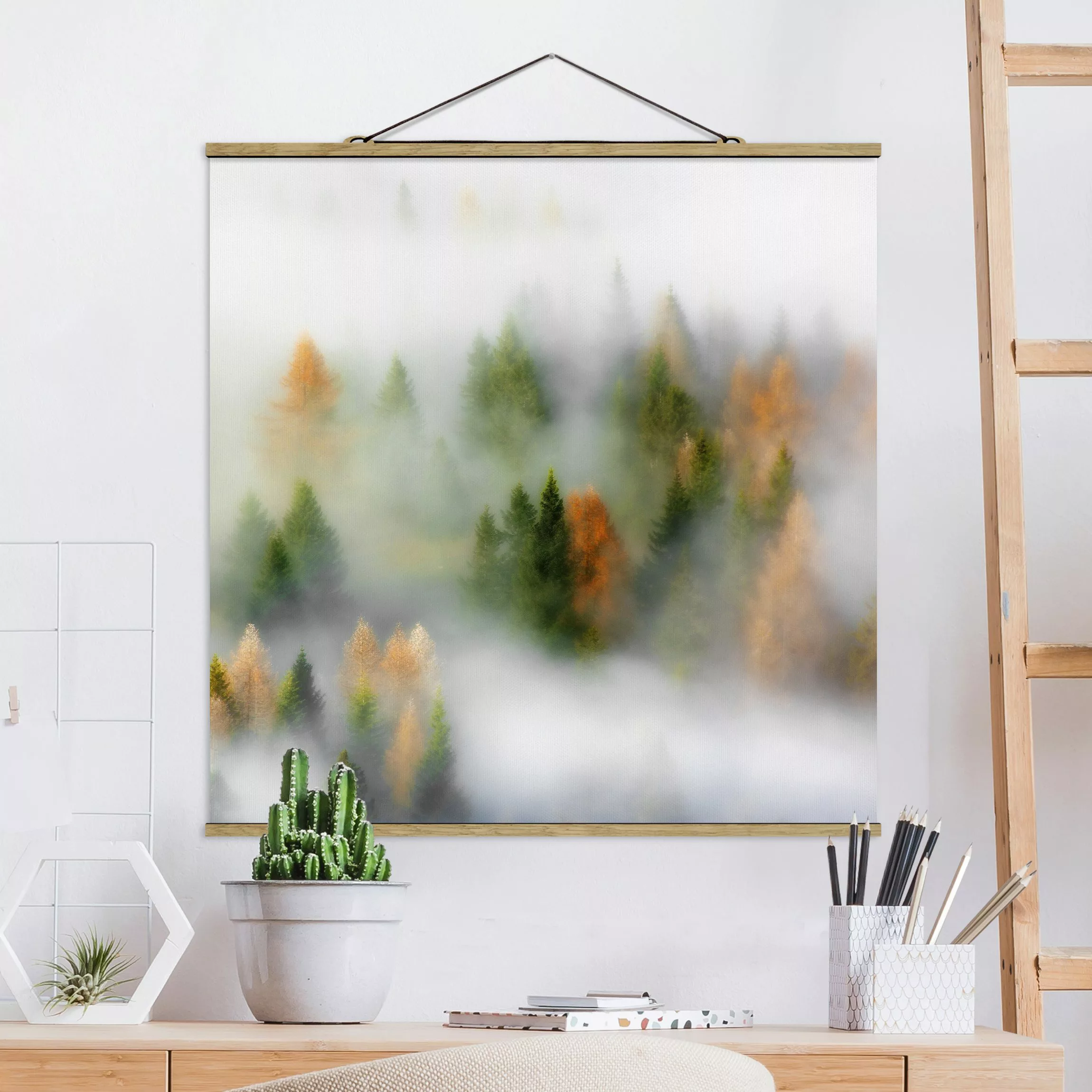 Stoffbild Wald mit Posterleisten - Quadrat Nebelwald im Herbst günstig online kaufen
