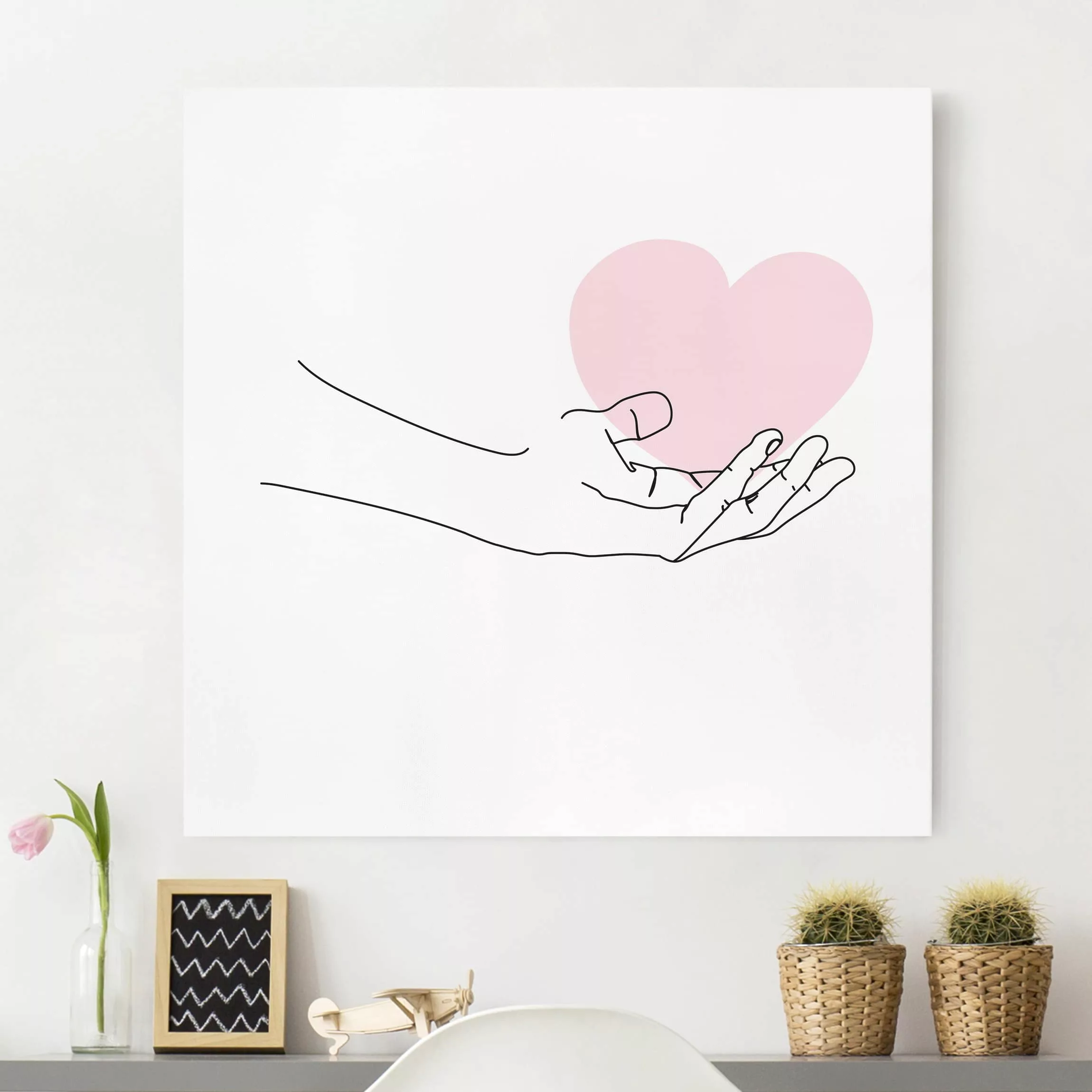 Leinwandbild Portrait - Quadrat Hand mit Herz Line Art günstig online kaufen