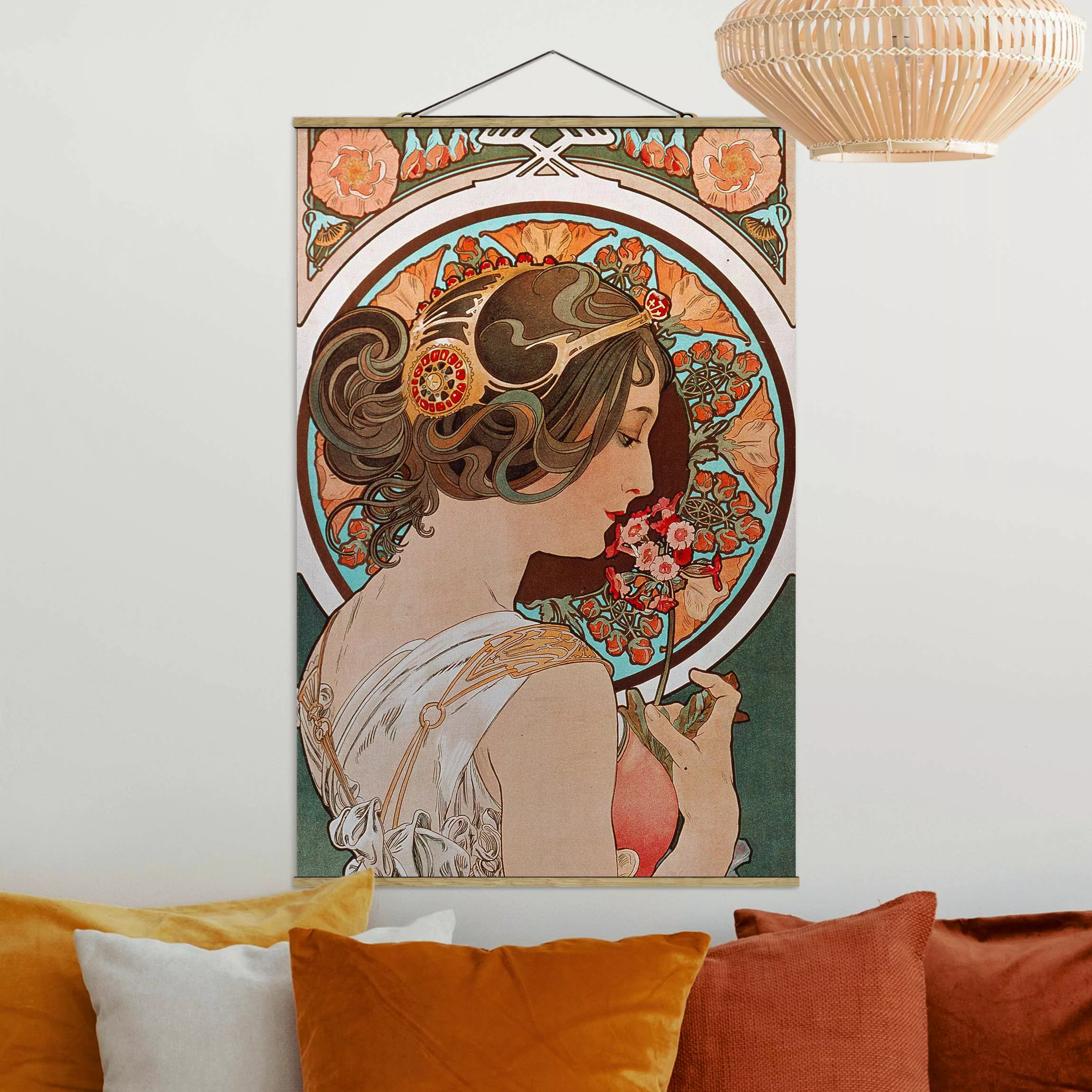 Stoffbild Blumen mit Posterleisten - Hochformat Alfons Mucha - Schlüsselblu günstig online kaufen
