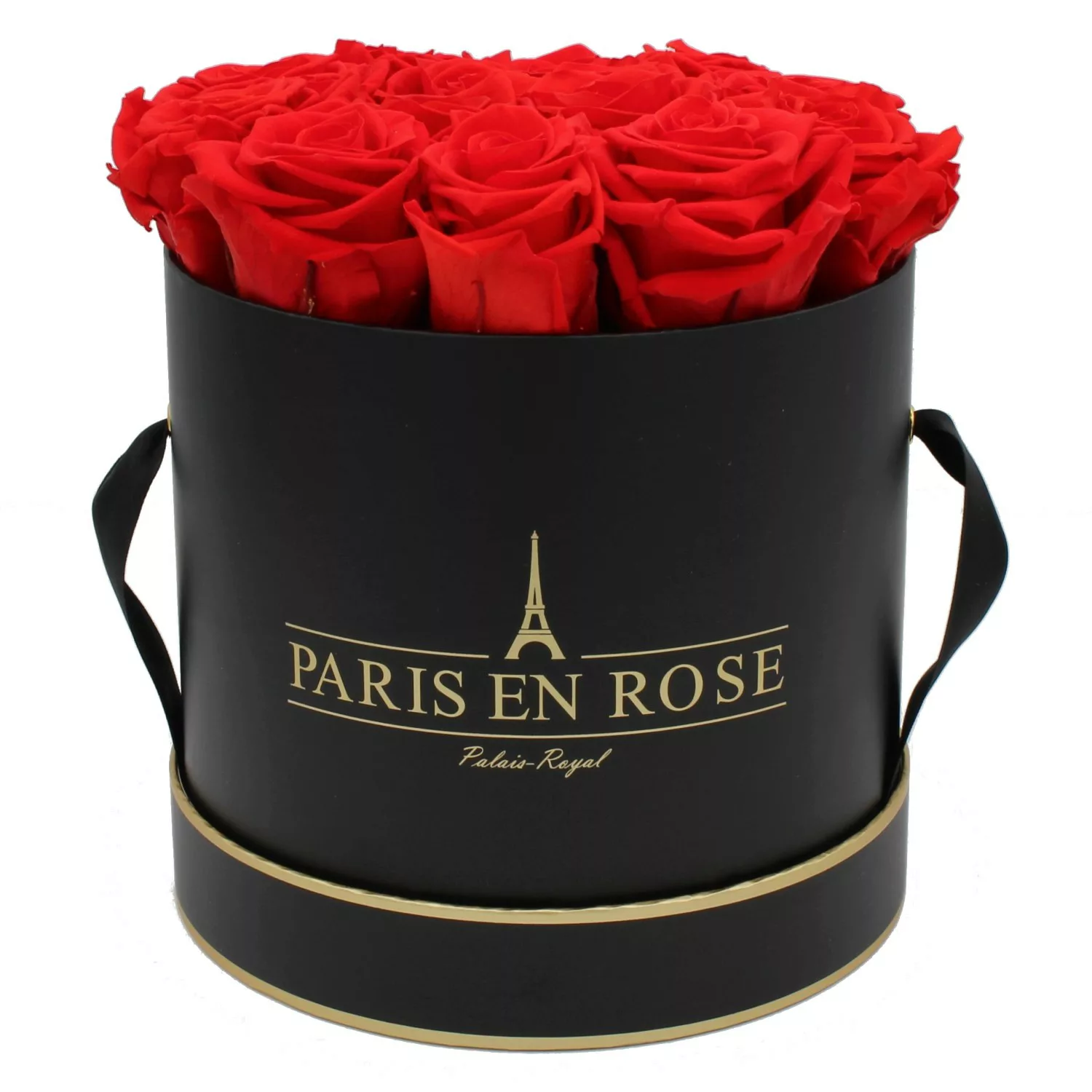 Rosenbox Ø 19 cm Schwarz- Gold mit 14 Roten Rosen günstig online kaufen