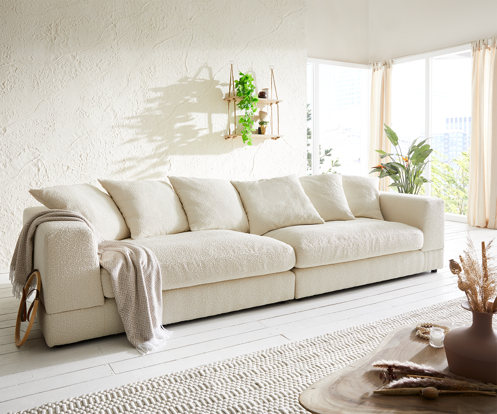 Big-Sofa Justo 310x110 cm Bouclé Creme-Weiß günstig online kaufen