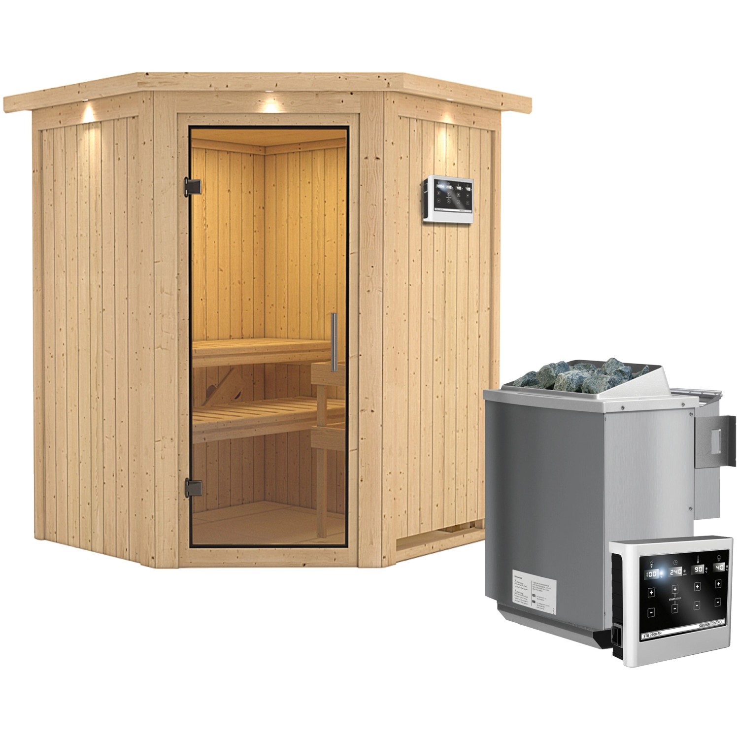 Karibu Sauna Lyra, Bio-Ofen, externe Steuerung Easy, Glastür, LED-Dachkranz günstig online kaufen