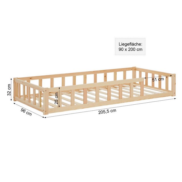 Homestyle4u Kinderbett 90x200 / 120x200 Weiß Natur Holzbett Bodenbett Monte günstig online kaufen