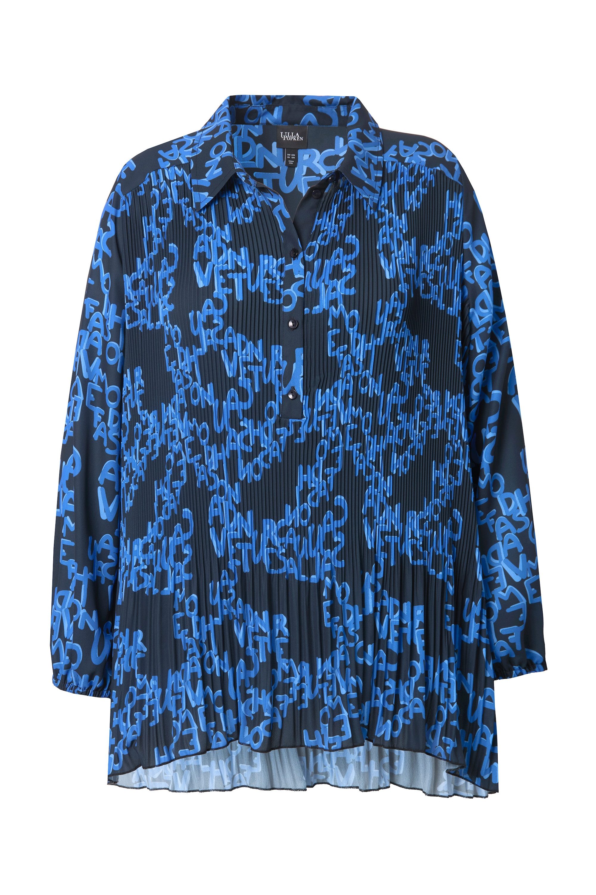Ulla Popken Longbluse Plissee-Bluse Schriftmuster A-Linie günstig online kaufen