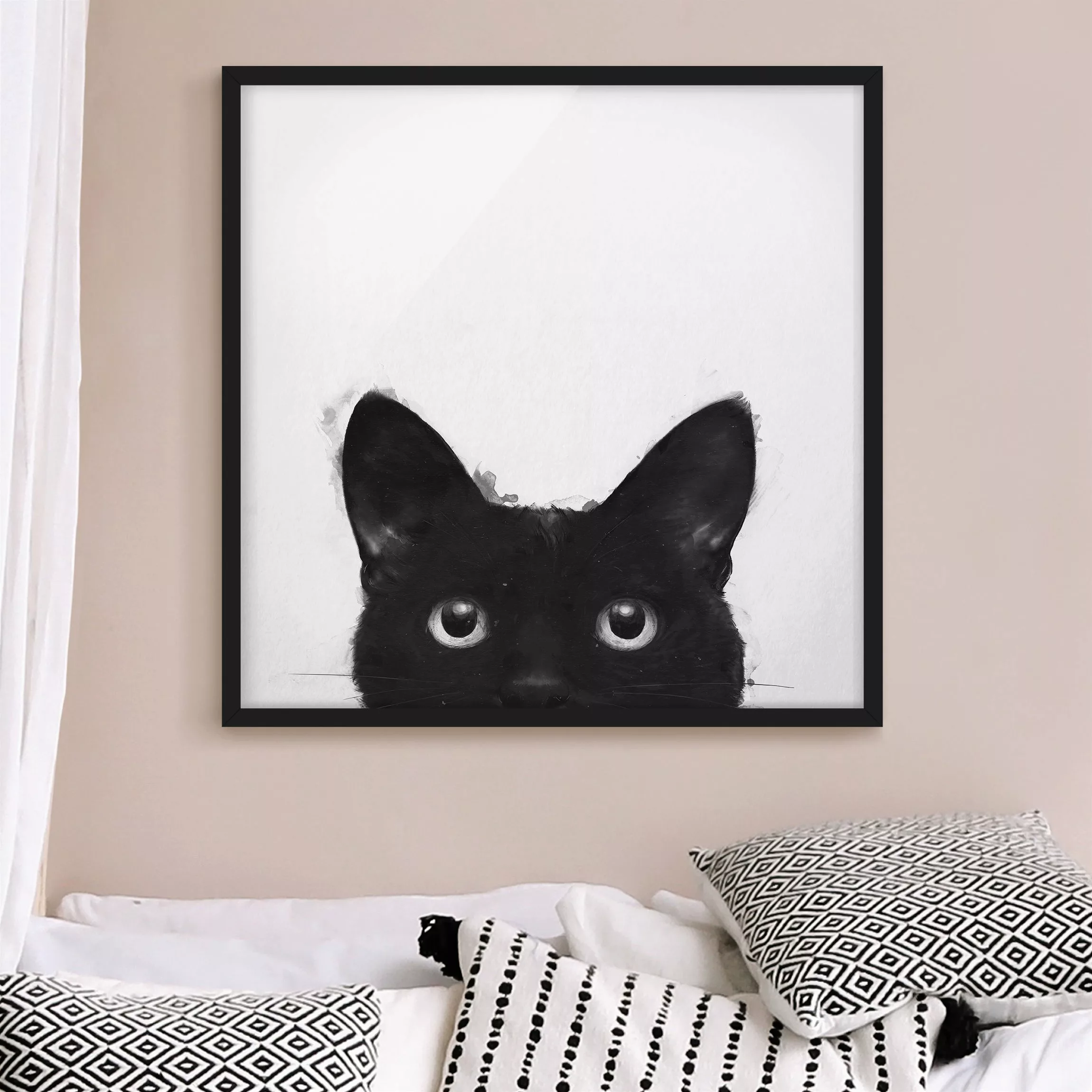 Bild mit Rahmen Tiere - Quadrat Illustration Schwarze Katze auf Weiß Malere günstig online kaufen