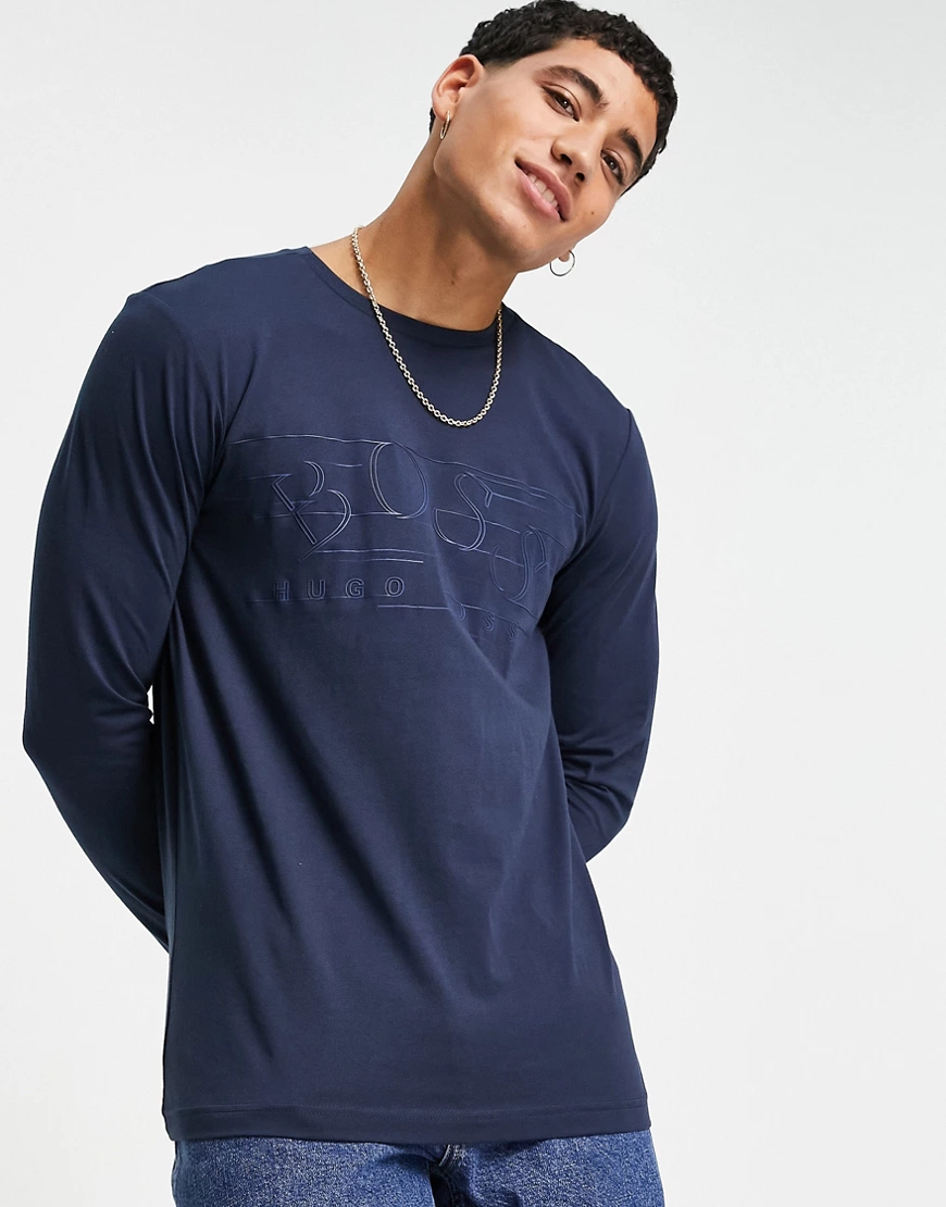 BOSS – Athleisure Tee 1 – Langärmliges T-Shirt in Marineblau mit großem, fa günstig online kaufen