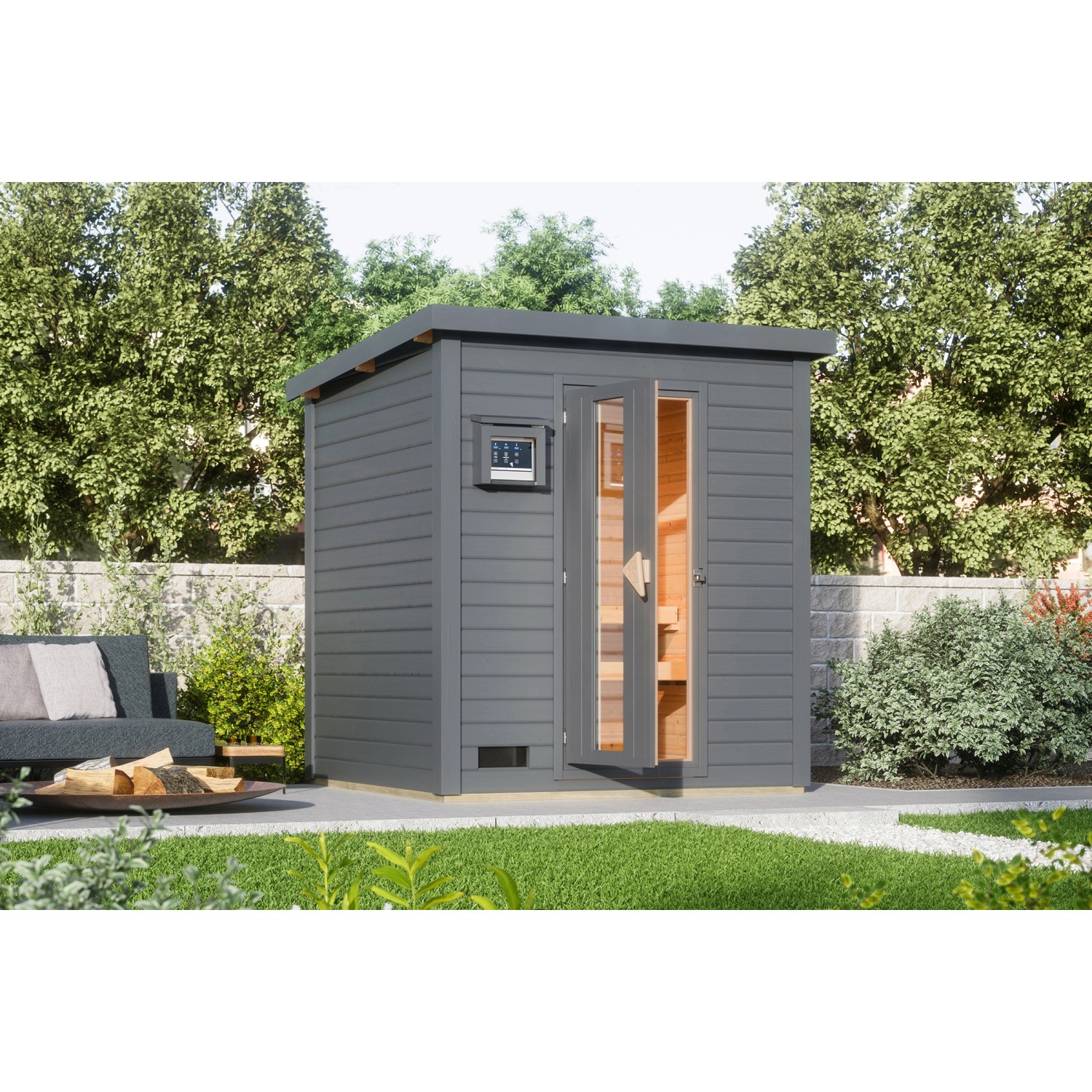 Karibu Saunahaus Arvi 2 Set mit Ofen 9 kW Externe Steuerung Terragrau günstig online kaufen