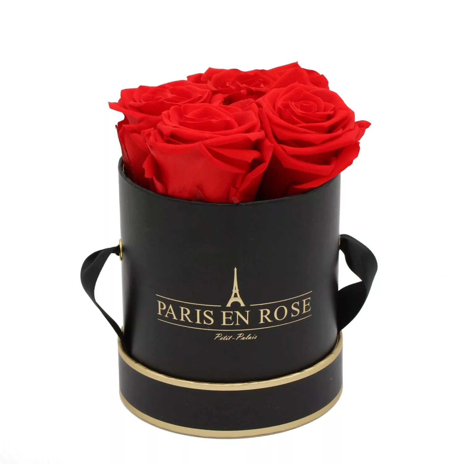 Rosenbox Ø 10 cm Schwarz-Gold mit 4 Roten Rosen günstig online kaufen