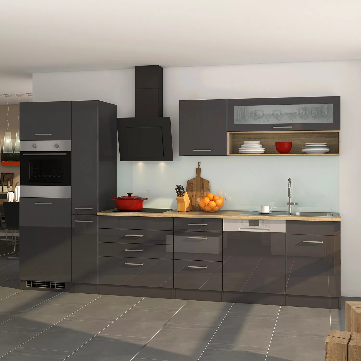 Held Möbel Küchenzeile Mailand 330 cm Grau Hochglanz-Grau Matt mit E-Geräte günstig online kaufen
