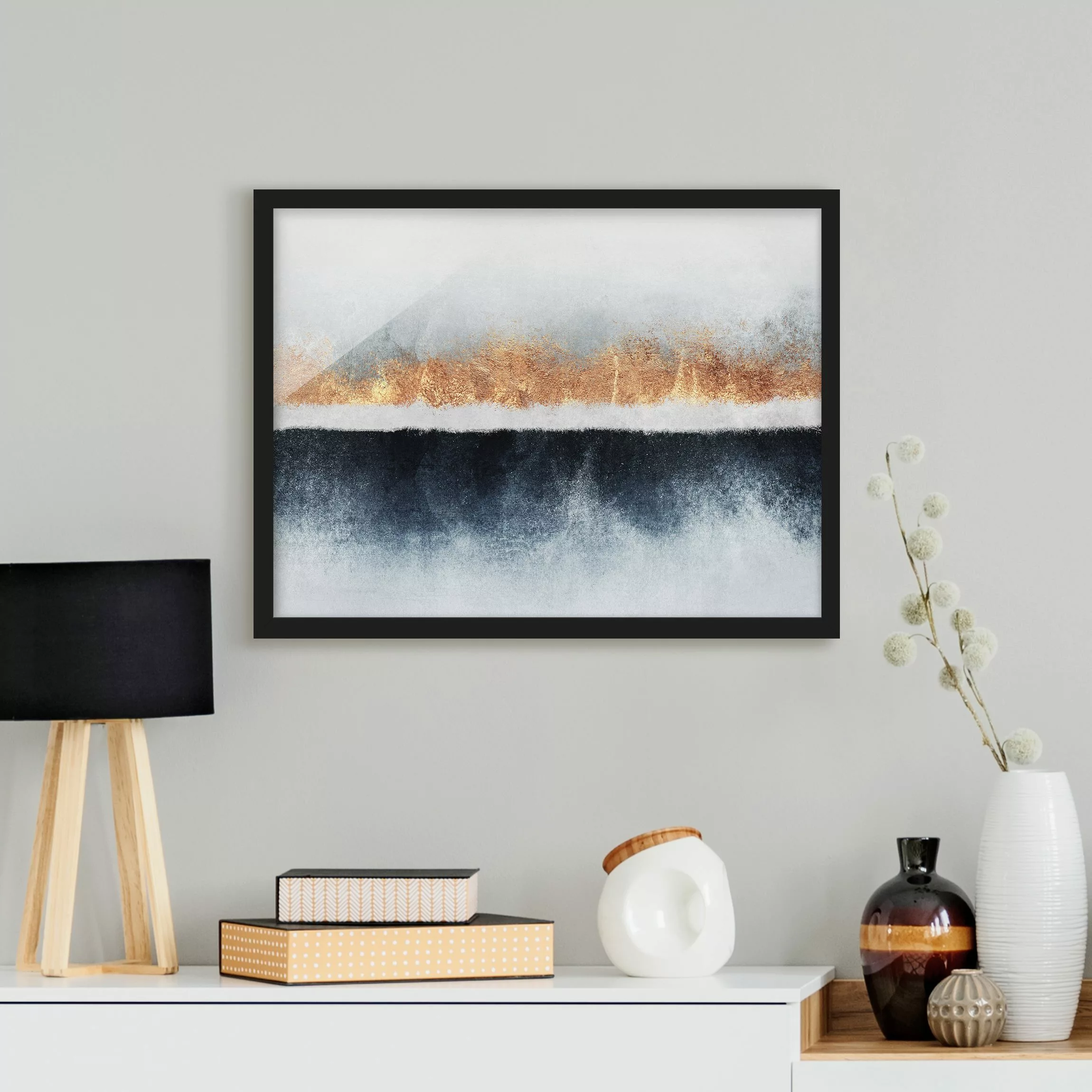 Bild mit Rahmen - Querformat Goldener Horizont Aquarell günstig online kaufen