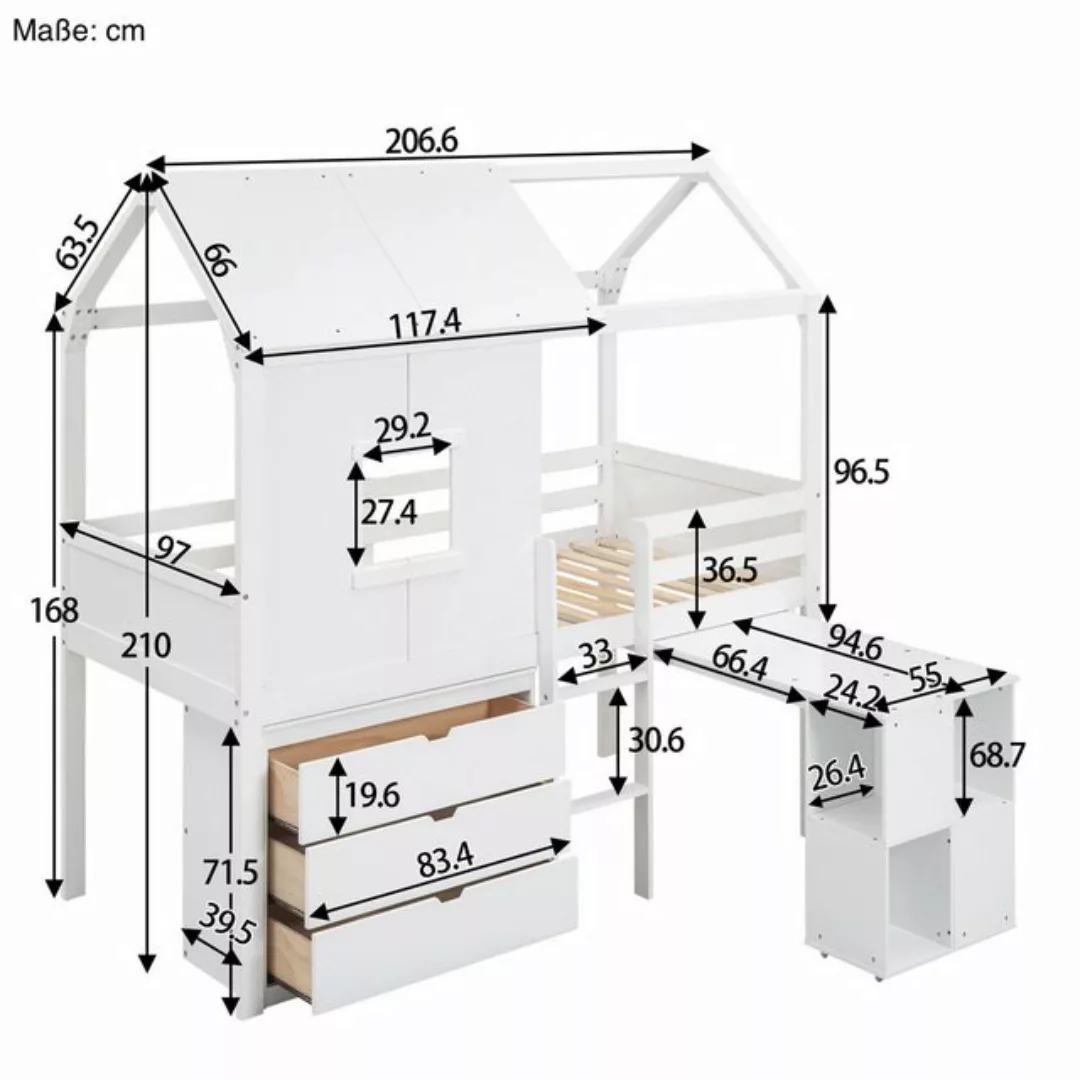 SOFTWEARY Hochbett mit Lattenrost und Schreibtisch (90x200 cm) Hausbett mit günstig online kaufen