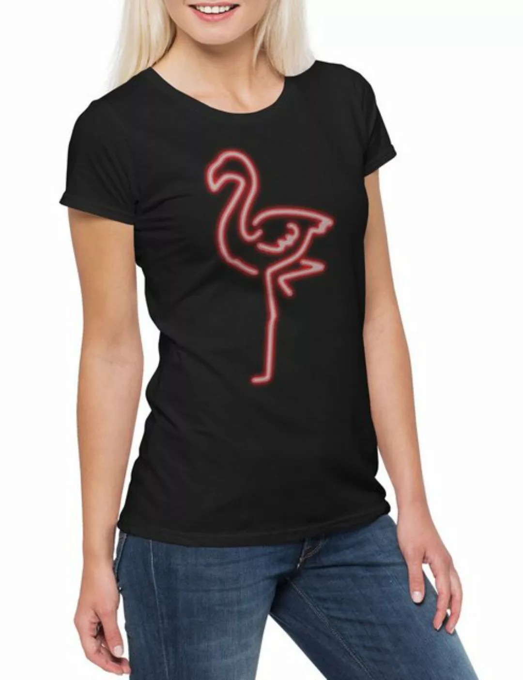 Urban Backwoods Print-Shirt Neon Flamingo Damen T-Shirt Herz Love Liebe Uni günstig online kaufen