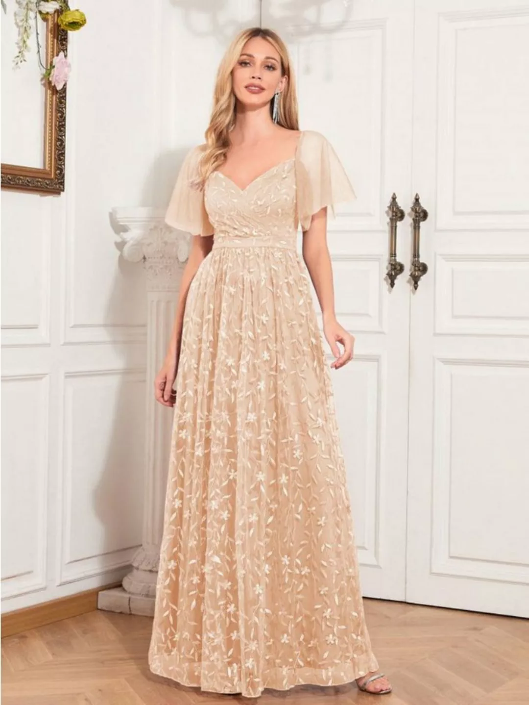 jalleria Dirndl Romantisches Abendkleid mit V-Ausschnitt, besticktes Netzkl günstig online kaufen