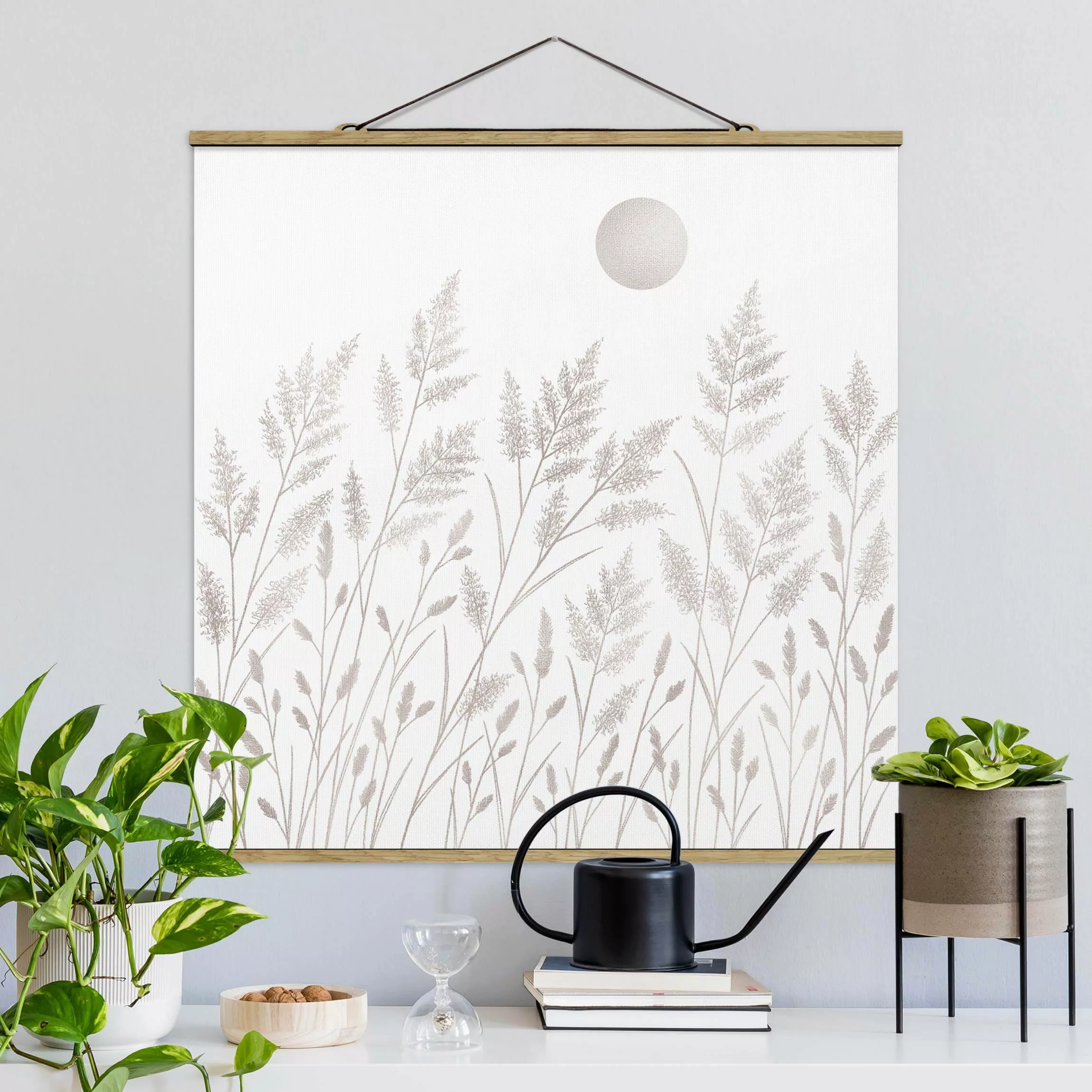 Stoffbild mit Posterleisten Gräser und Mond in Silber günstig online kaufen
