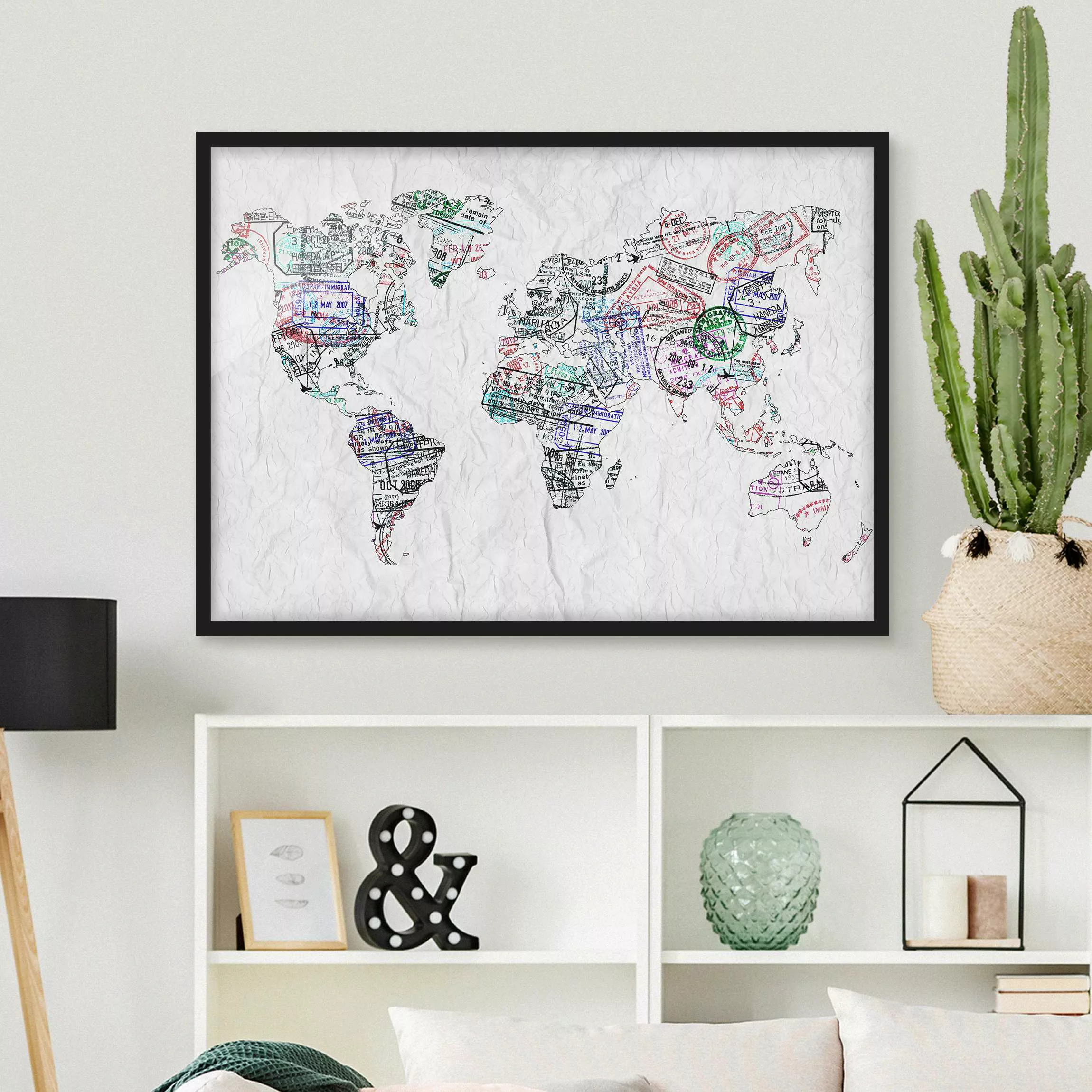 Bild mit Rahmen Stadt-, Land- & Weltkarte - Querformat Reisepass Stempel We günstig online kaufen