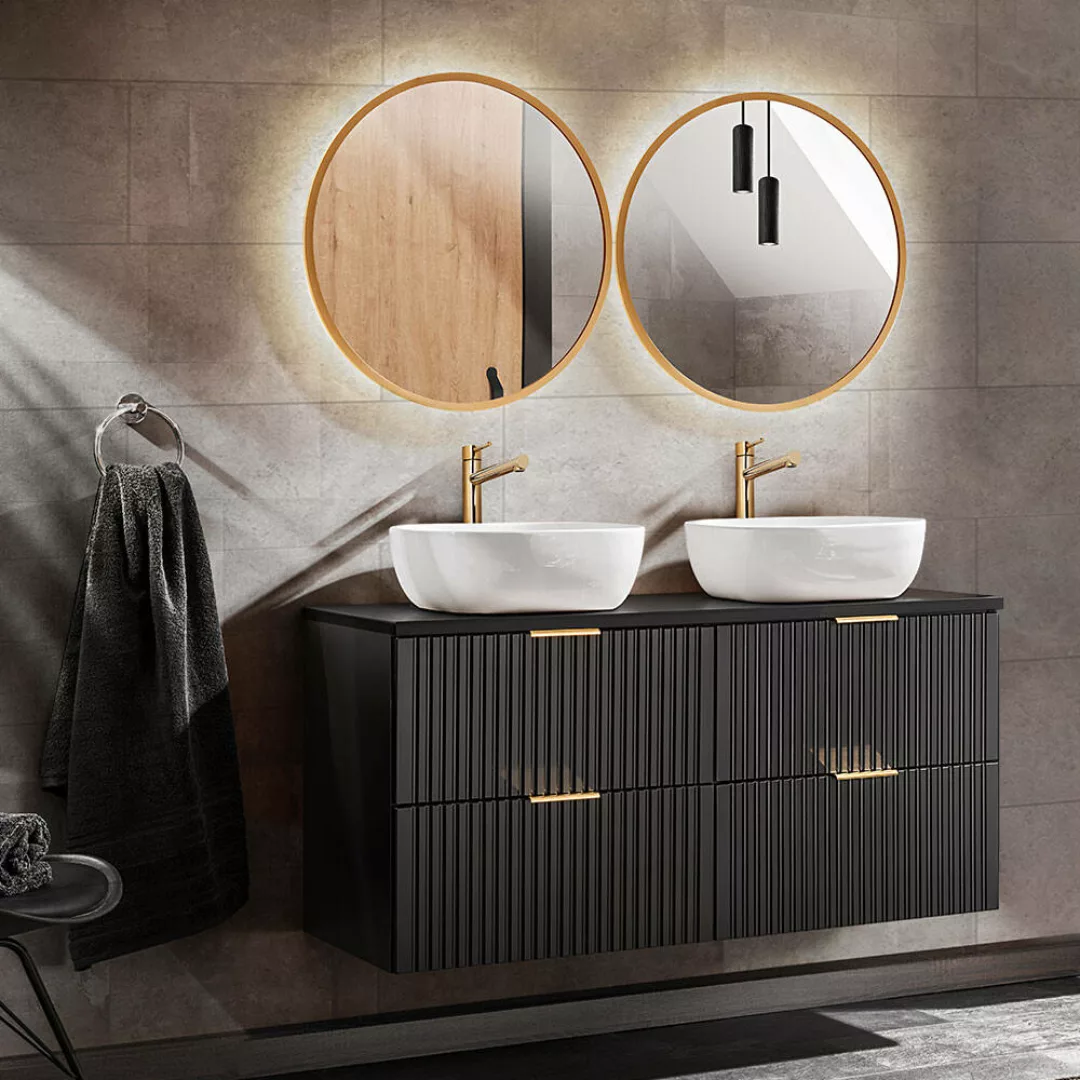 Badezimmermöbel mit 121cm Waschtisch & 2 LED-Spiegel ADELAIDE-56-BLACK in m günstig online kaufen