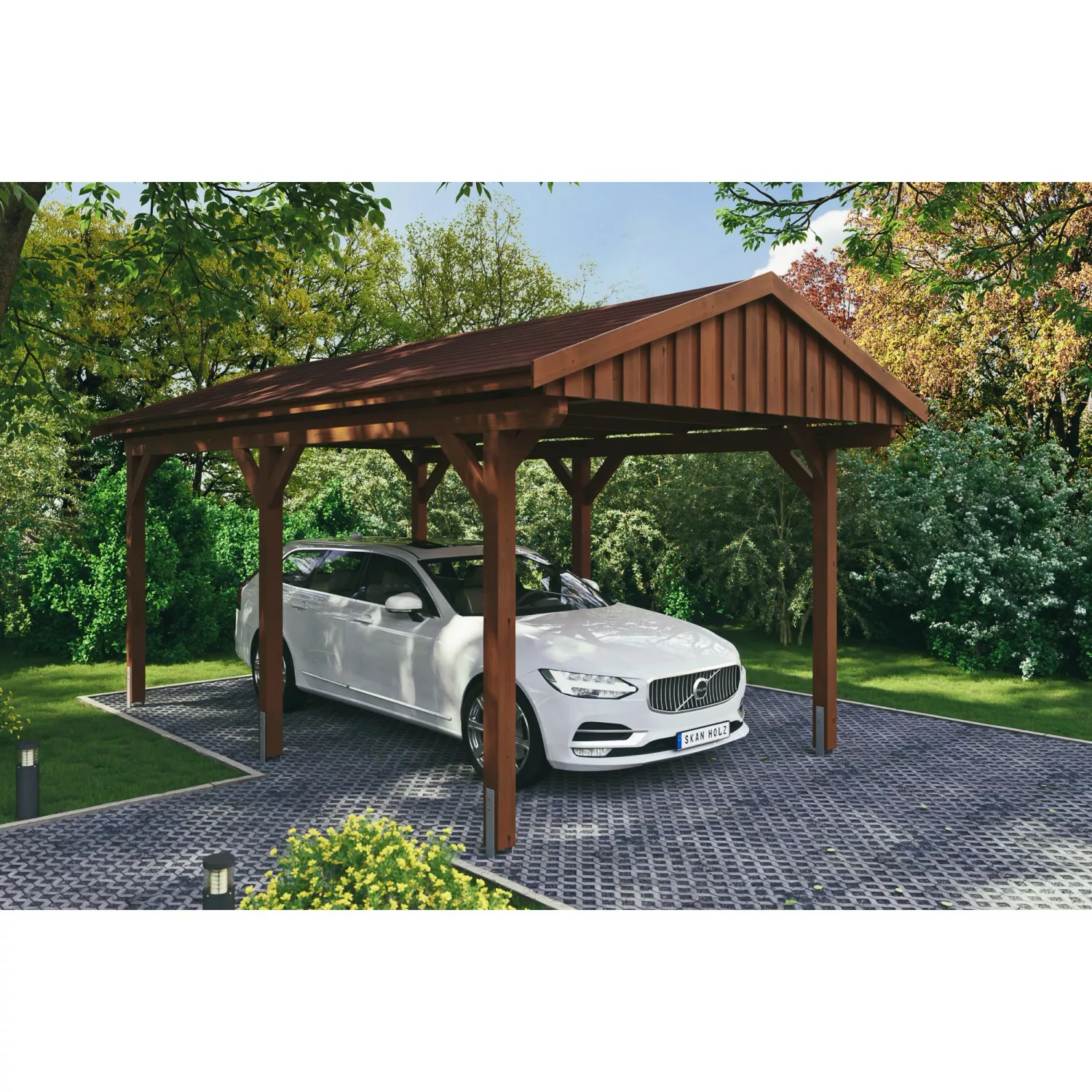 Skan Holz Carport Fichtelberg 317 cm x 566 cm Rote Schindeln Nussbaum günstig online kaufen