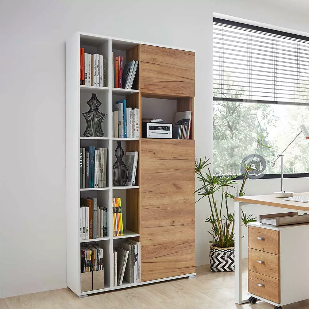 Büroschrank in Weiß und Wildeiche Dekor Made in Germany günstig online kaufen