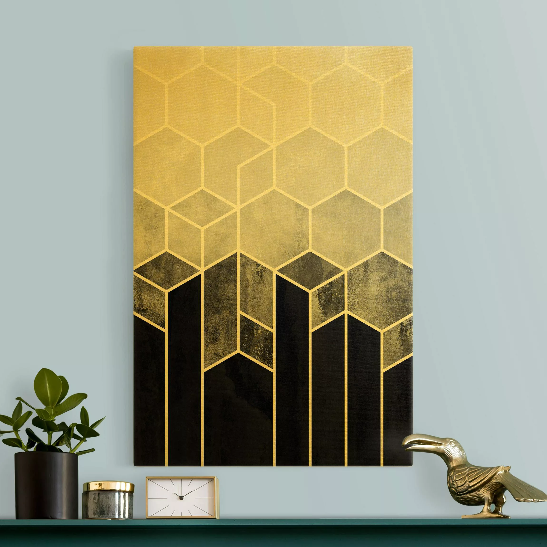 Leinwandbild Gold Goldene Geometrie - Sechsecke Schwarz Weiß günstig online kaufen