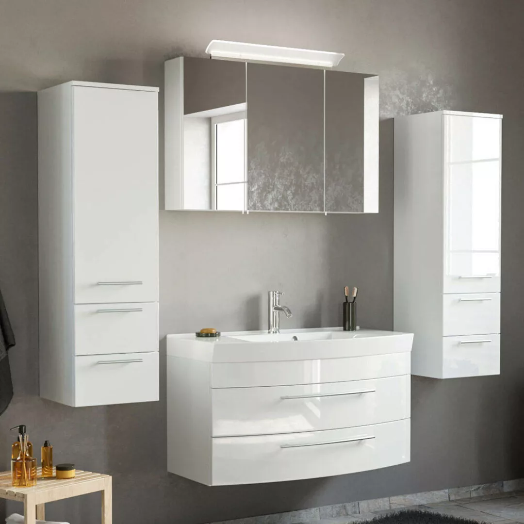 Badmöbel Set mit LED-Spiegelschrank & Mineralguss-Waschtisch MAPUTO-02 in w günstig online kaufen