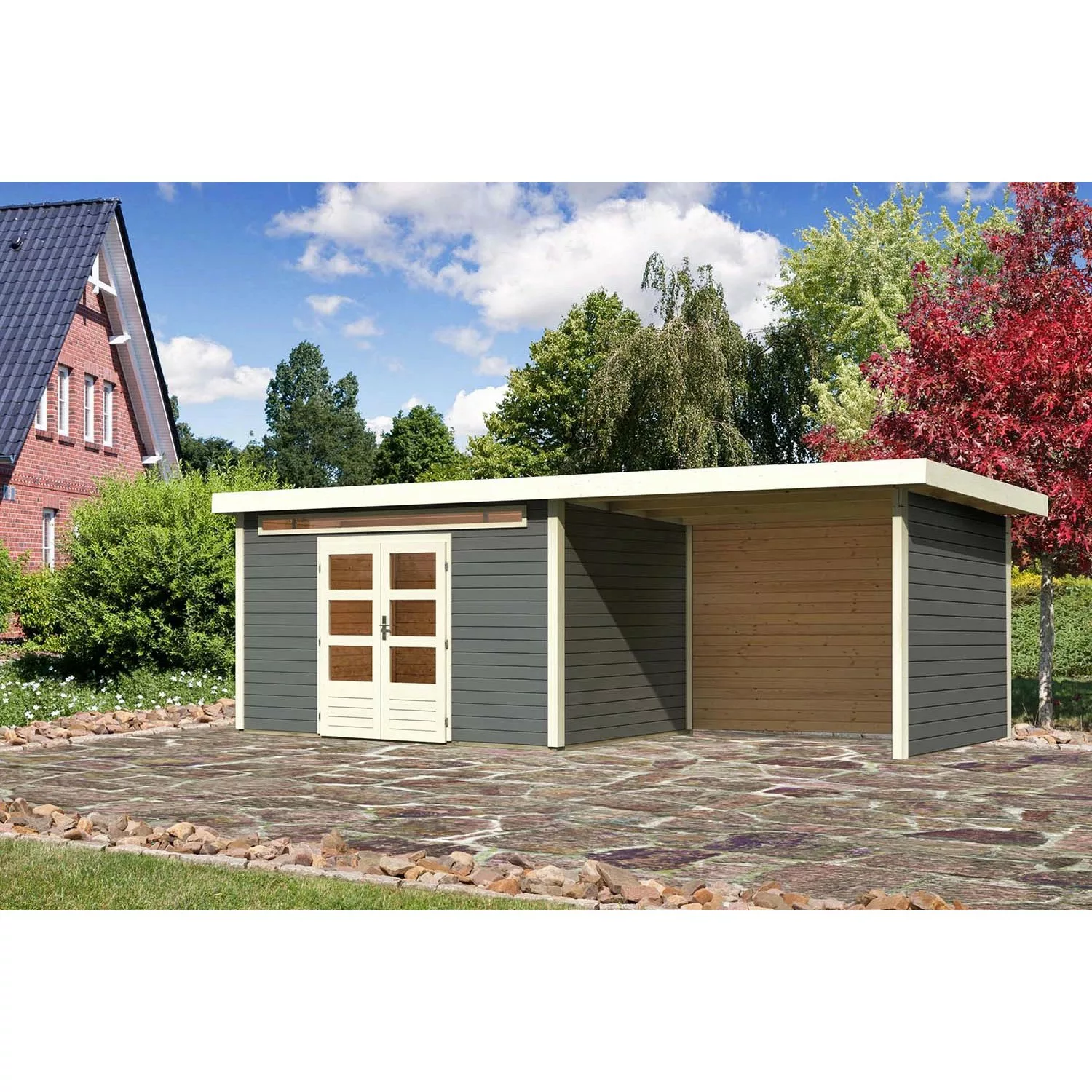 Karibu Holz-Gartenhaus/Gerätehaus Kumla 7 Terragrau Pultdach Lackiert 360 c günstig online kaufen