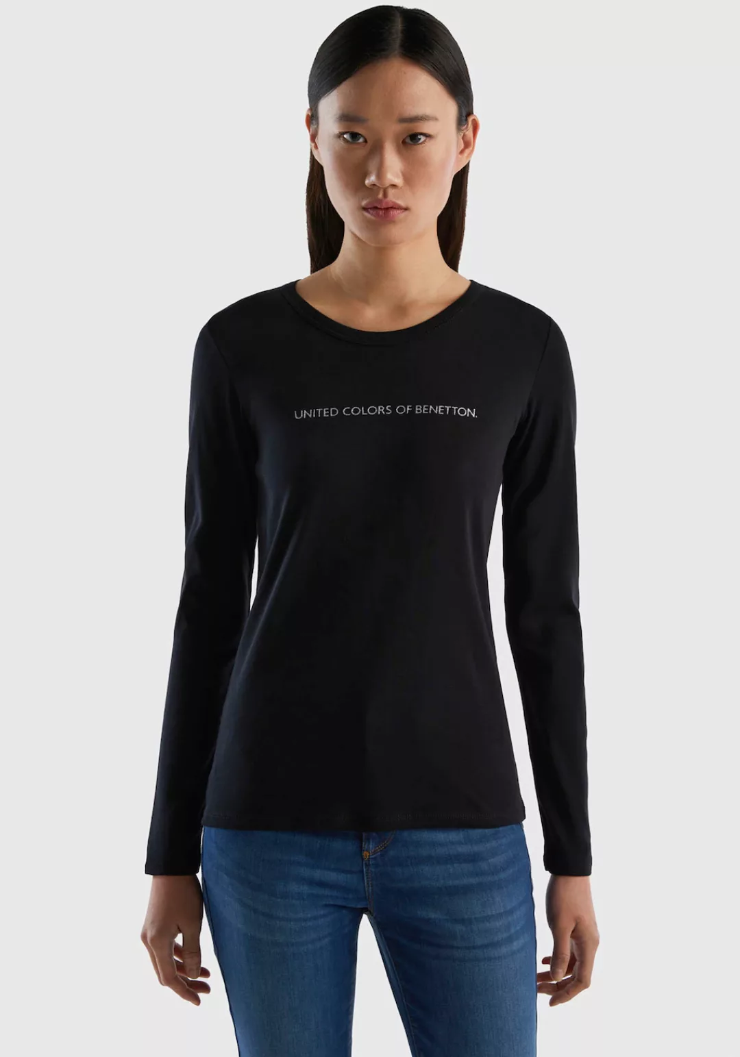 United Colors of Benetton Langarmshirt mit Glitzereffekt Labelprint günstig online kaufen