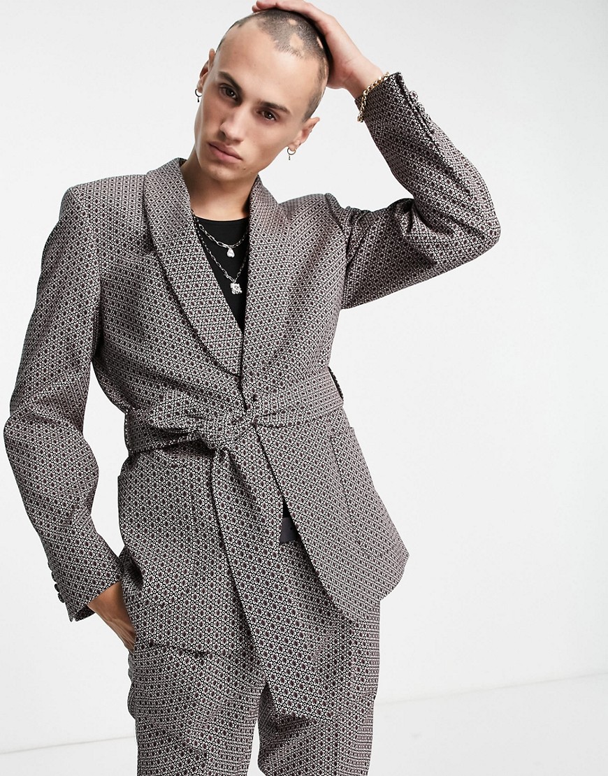 ASOS DESIGN – Eng geschnittene Smokingjacke mit geometrischem Jacquard-Must günstig online kaufen