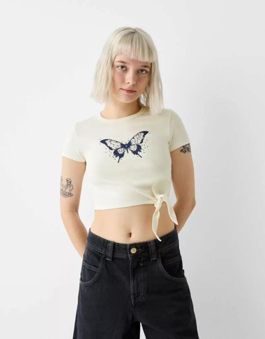 Bershka T-Shirt Mit Kurzen Ärmeln Und Print Damen Xs Grbrochenes Weiss günstig online kaufen