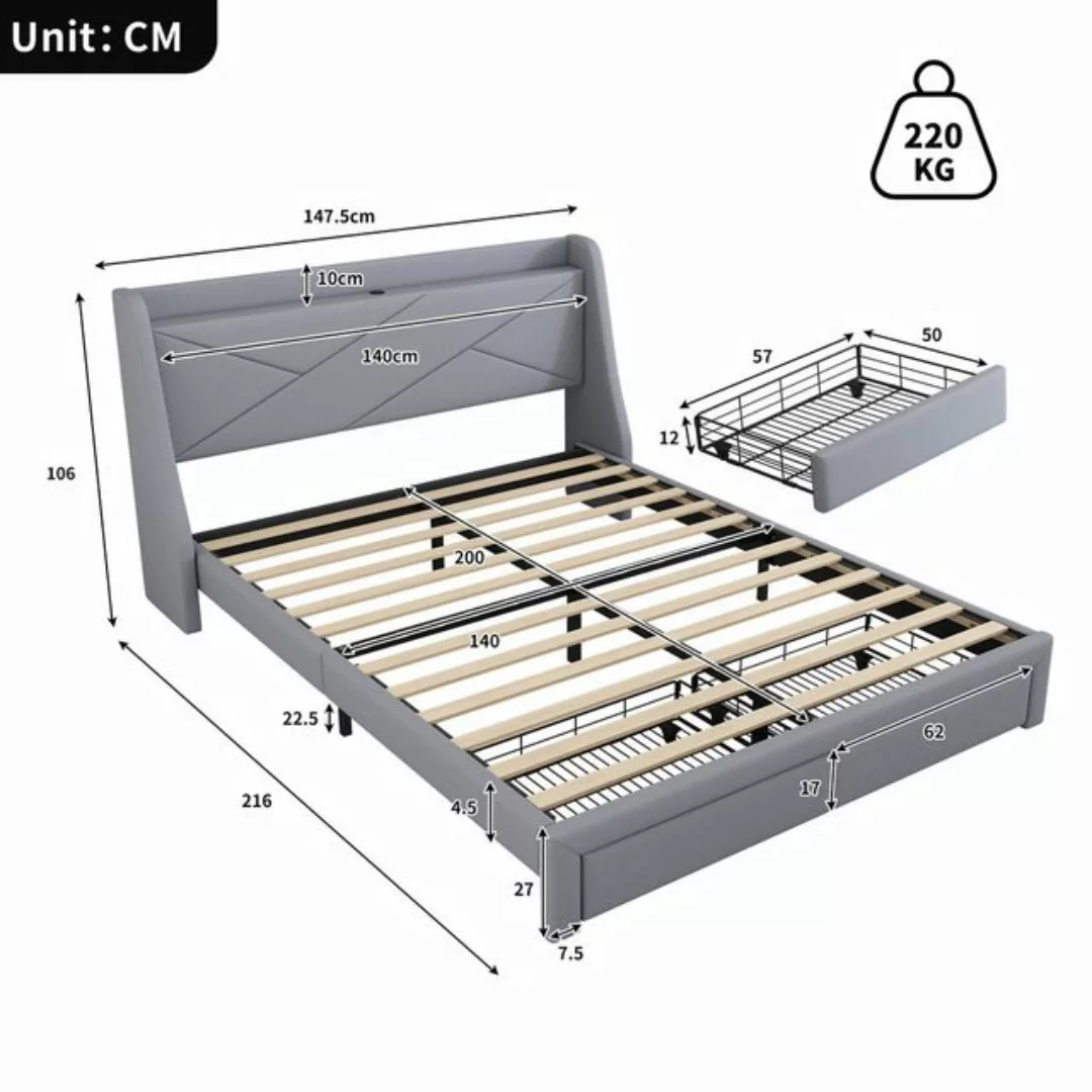 RIYO Polsterbett Mit USB-Steckdose Doppelbett Geeignet für Schlafzimmer/Gäs günstig online kaufen