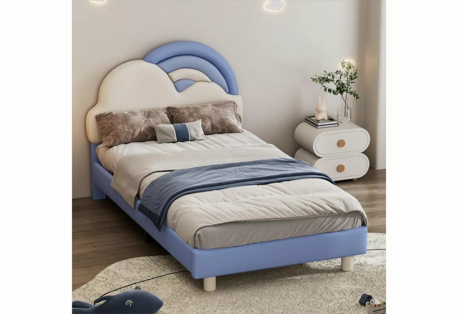 MODFU Kinderbett mit kuscheligem Regenbogenwolken-Kopfteil (Kinderbett, Hol günstig online kaufen