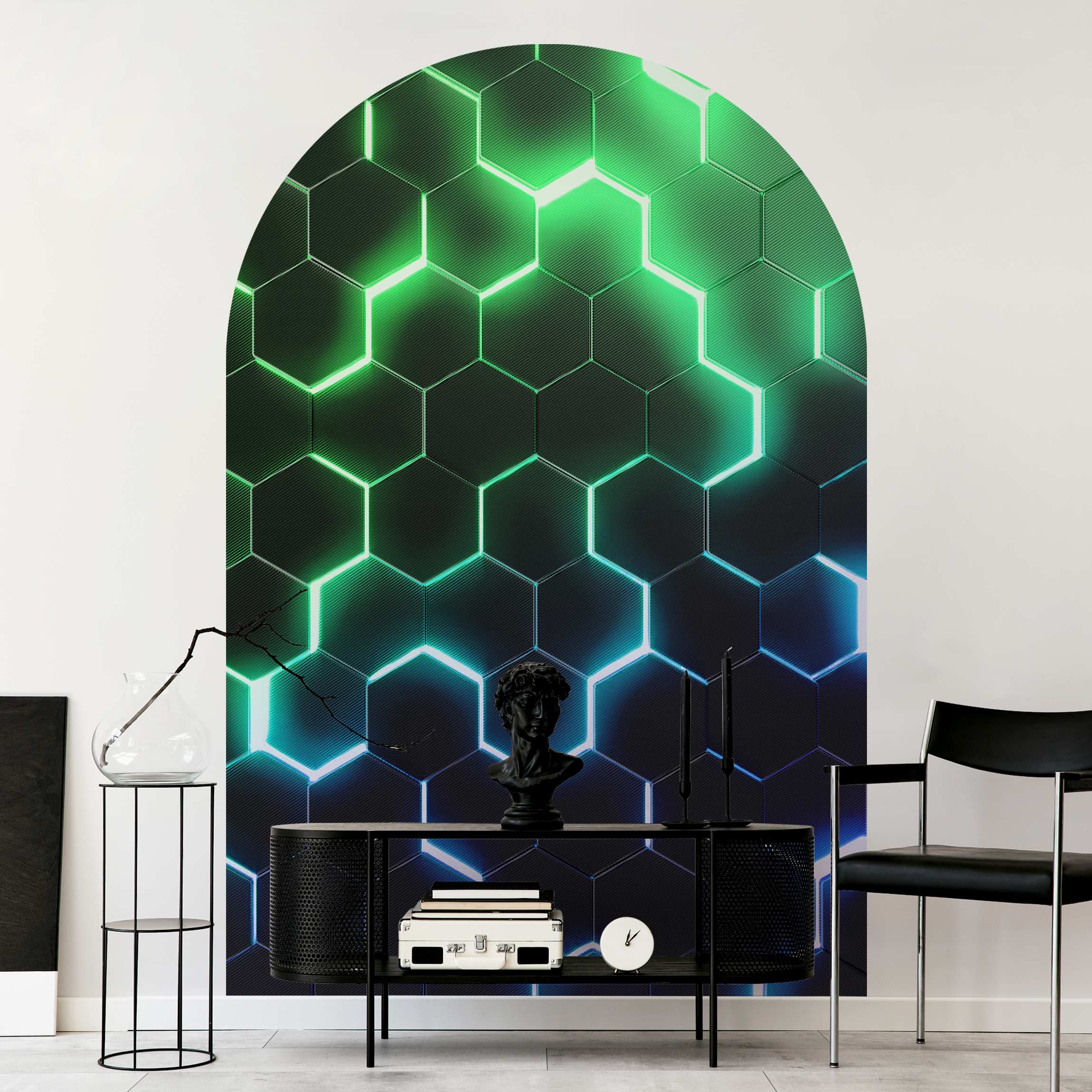 Rundbogen Tapete Strukturierte Hexagone mit Neonlicht in Grün und Blau günstig online kaufen