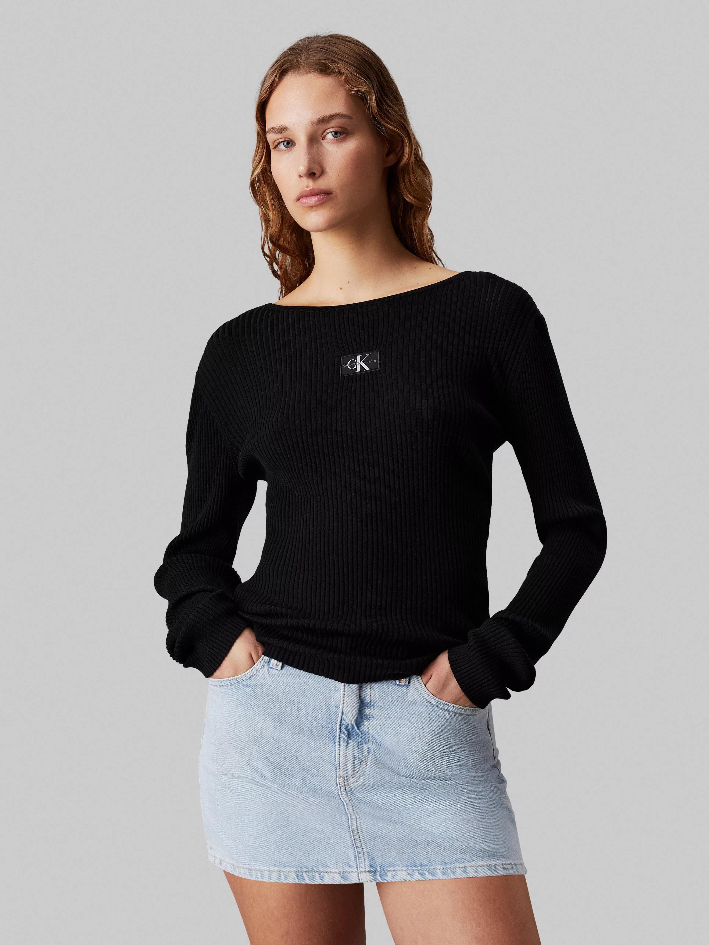 Calvin Klein Jeans Rundhalspullover "WOVEN LABEL TIGHT SWEATER", mit Logopa günstig online kaufen