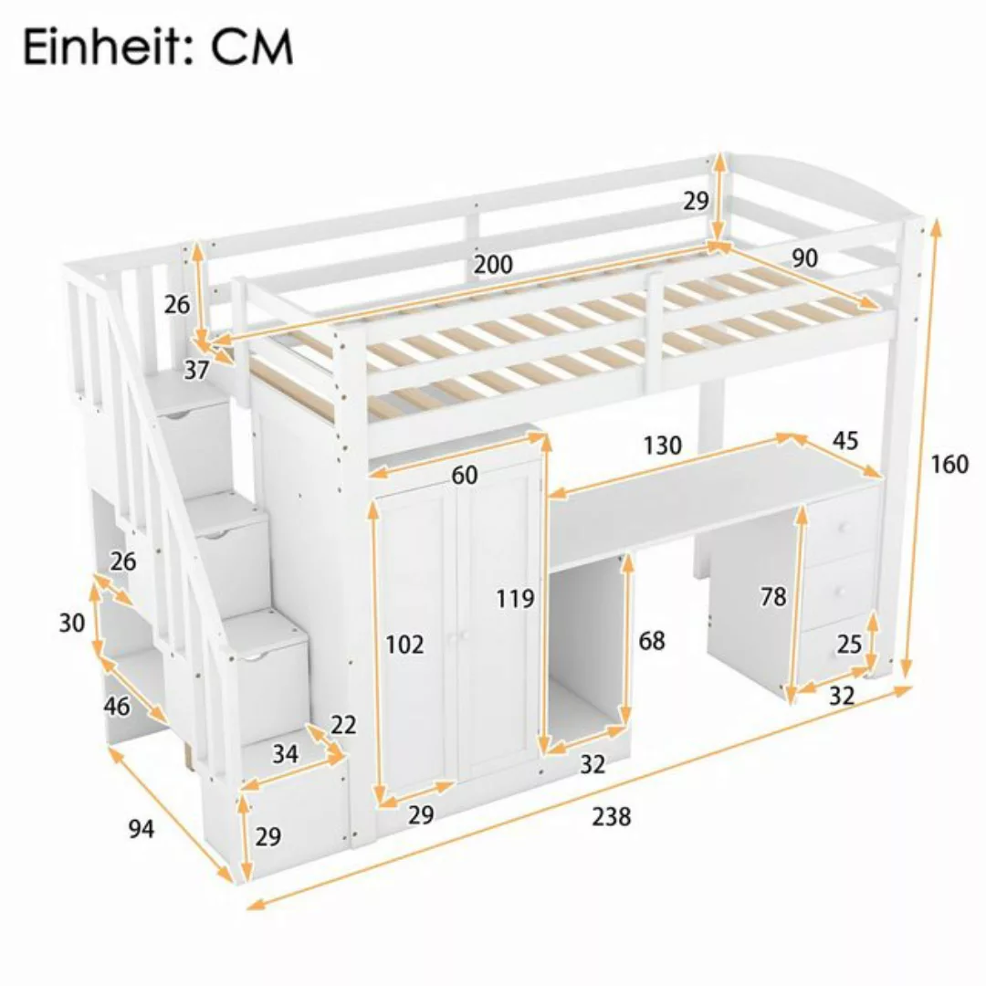 SOFTWEARY Hochbett mit Lattenrost und Kleiderschrank (90x200 cm) Einzelbett günstig online kaufen