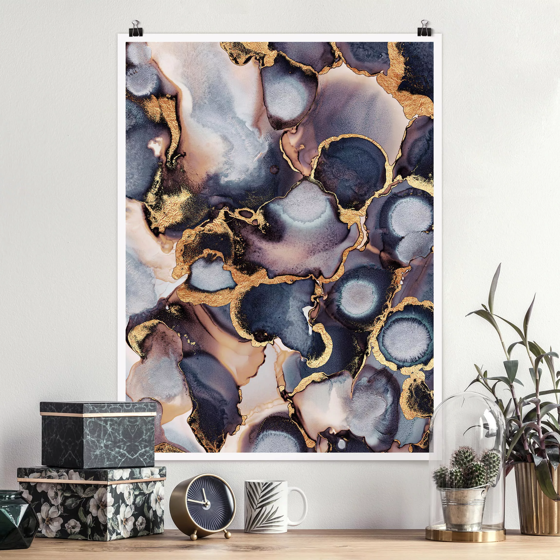 Poster Kunstdruck - Hochformat Marmor Aquarell mit Gold günstig online kaufen