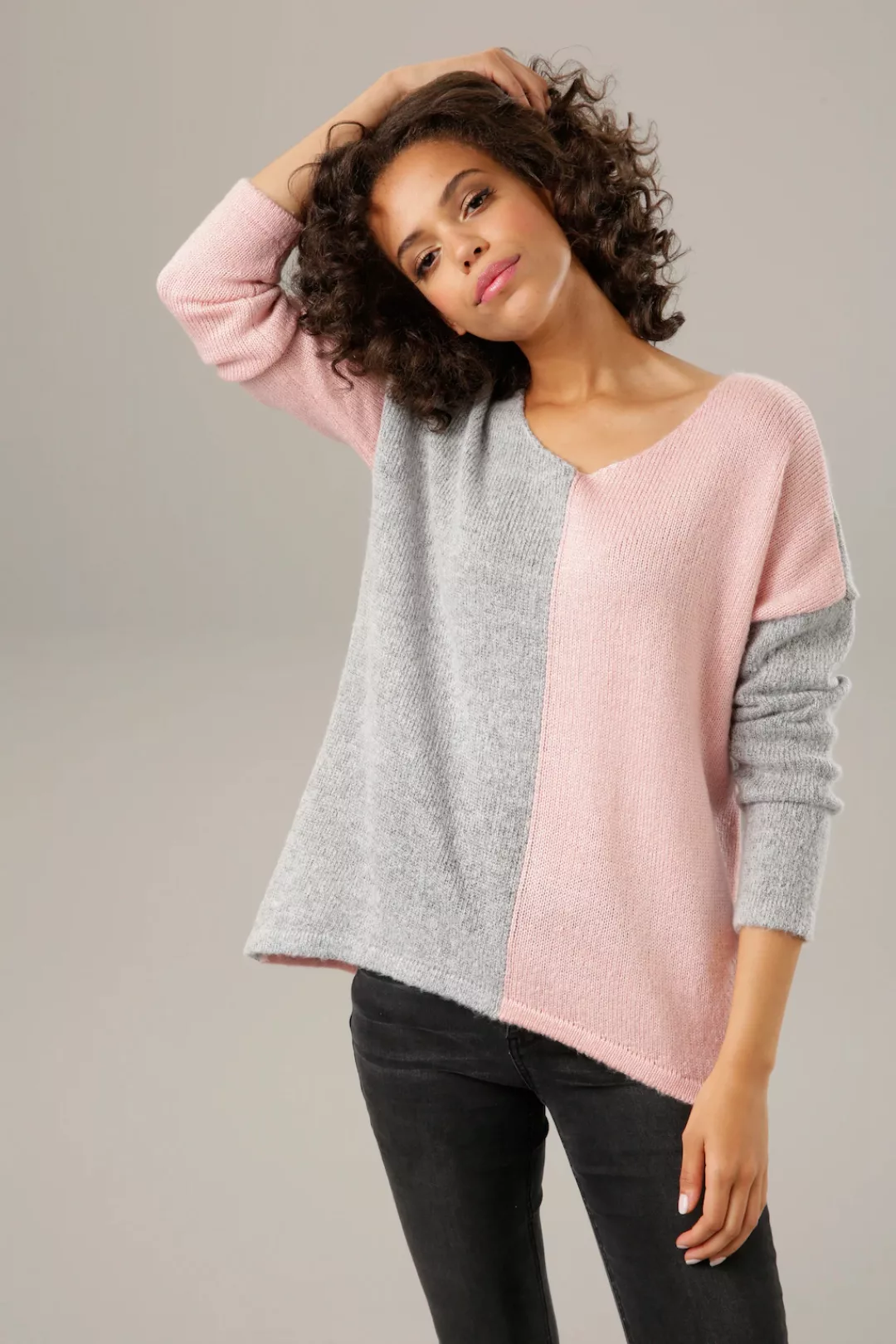 Aniston CASUAL Strickpullover, mit pastellfarbenem Farbteiler günstig online kaufen