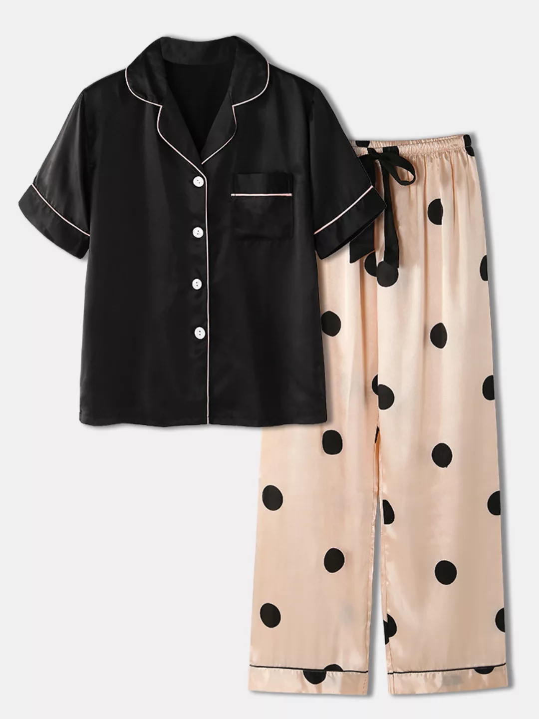Damen Faux Silk Polka Dot gestreifte Kurzarm-Pyjamas mit langem Höschen günstig online kaufen