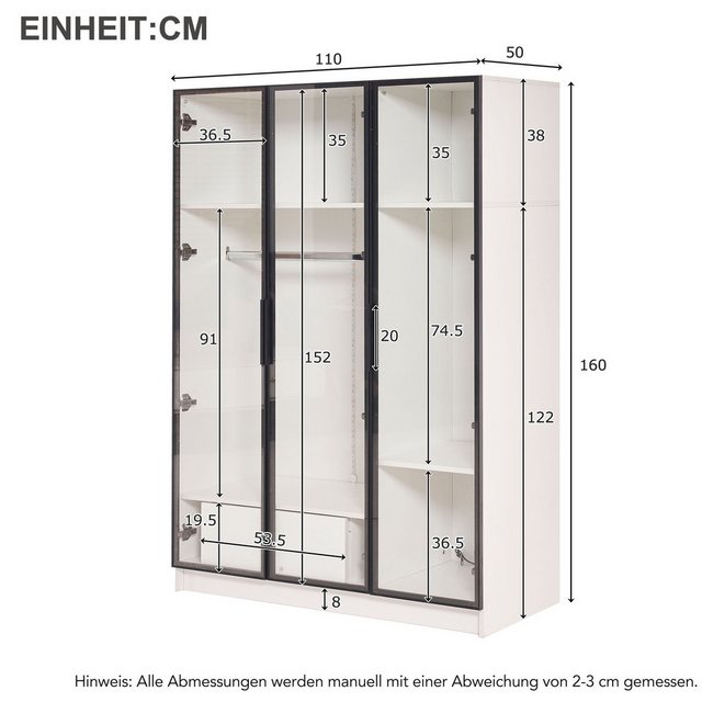 HT Eckkleiderschrank 3 Glastüren, 1 Schublade,1 Kleiderstange 10x50x160 cm günstig online kaufen