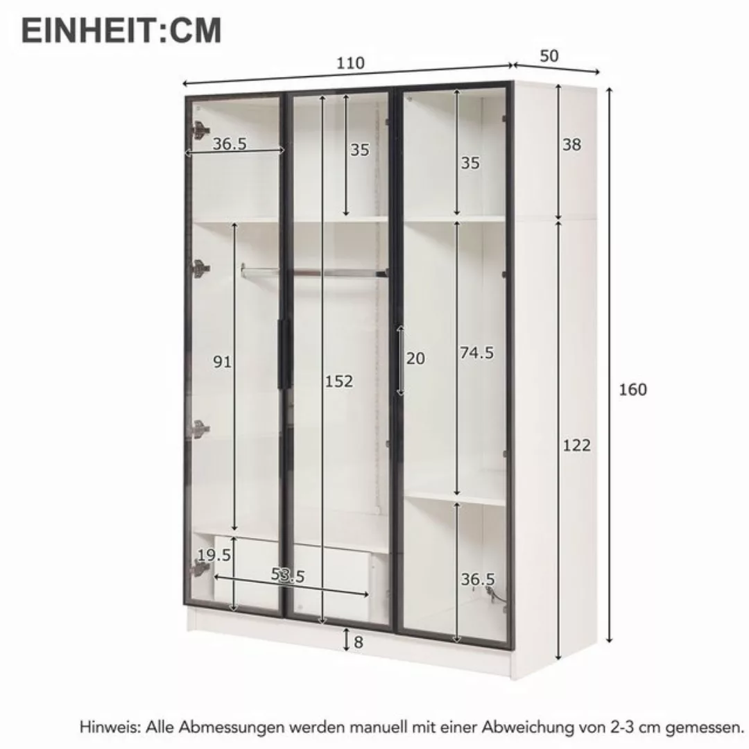 IDEASY Kleiderschrank Geräumiger weißer Kleiderschrank mit 3 Glastüren, (1 günstig online kaufen