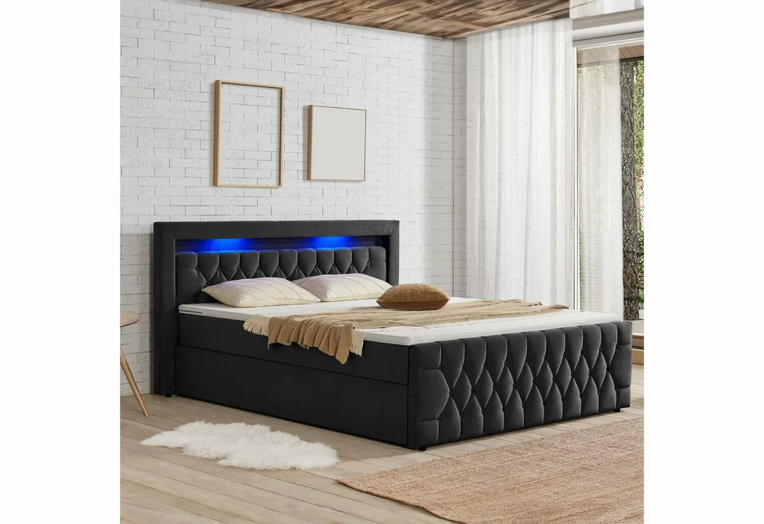 Juskys Polsterbett Leona, 180x200 cm, Boxspringbett-Optik, Samt-Bezug, LED- günstig online kaufen